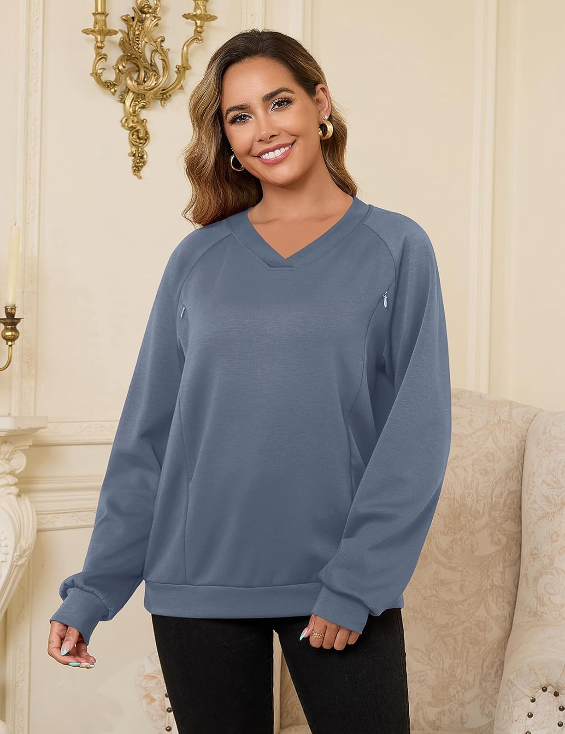 Bhome Nursing Sweatshirt Long Sleeve V Neck Breastfeeding Shirts Zipper Maternity Pumping Tops Pregnancy Sweater Pullover image number 3