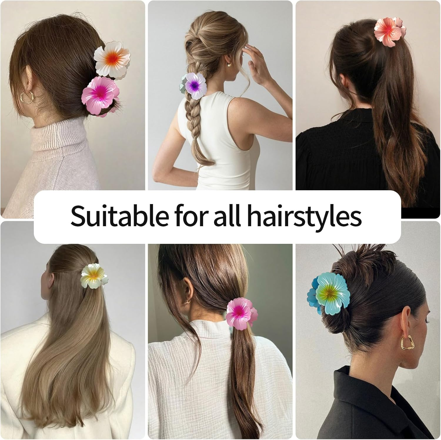 Elzle Pack of 6 Flower Hair Clips for Women, Hawaiian Hair Clip, Colourful for Girls, Thick/Thin Hair, Non-Slip Plastic Hair Claws for Beach Holidays, Daily Wear image number 2