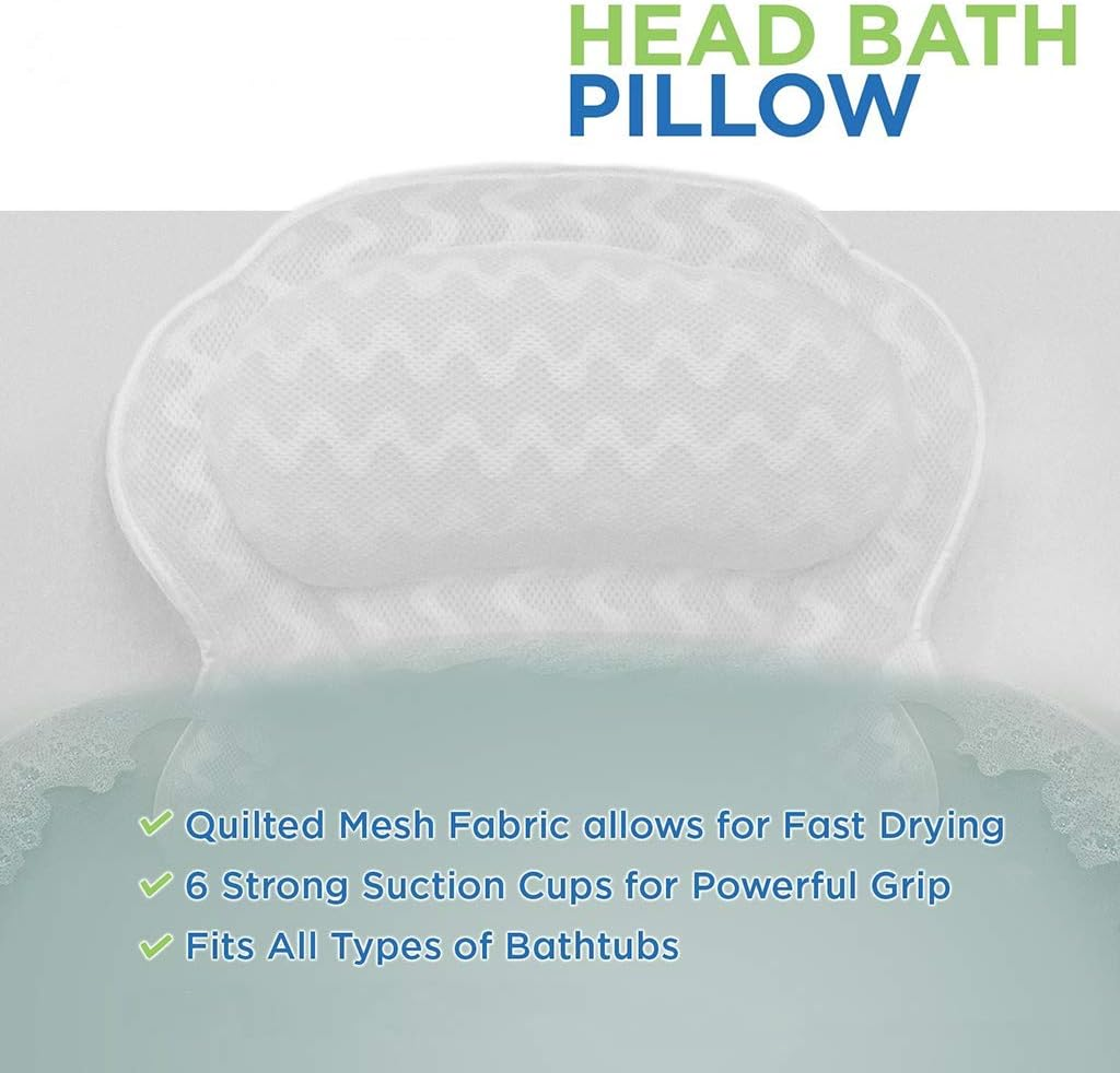 Bathtub Pillows, Ergonomic Neck Support 3D Mesh Spa Bath Pillow Bathtub Cushion Comfortable with Six Strong Grip Suction Cups for Tub