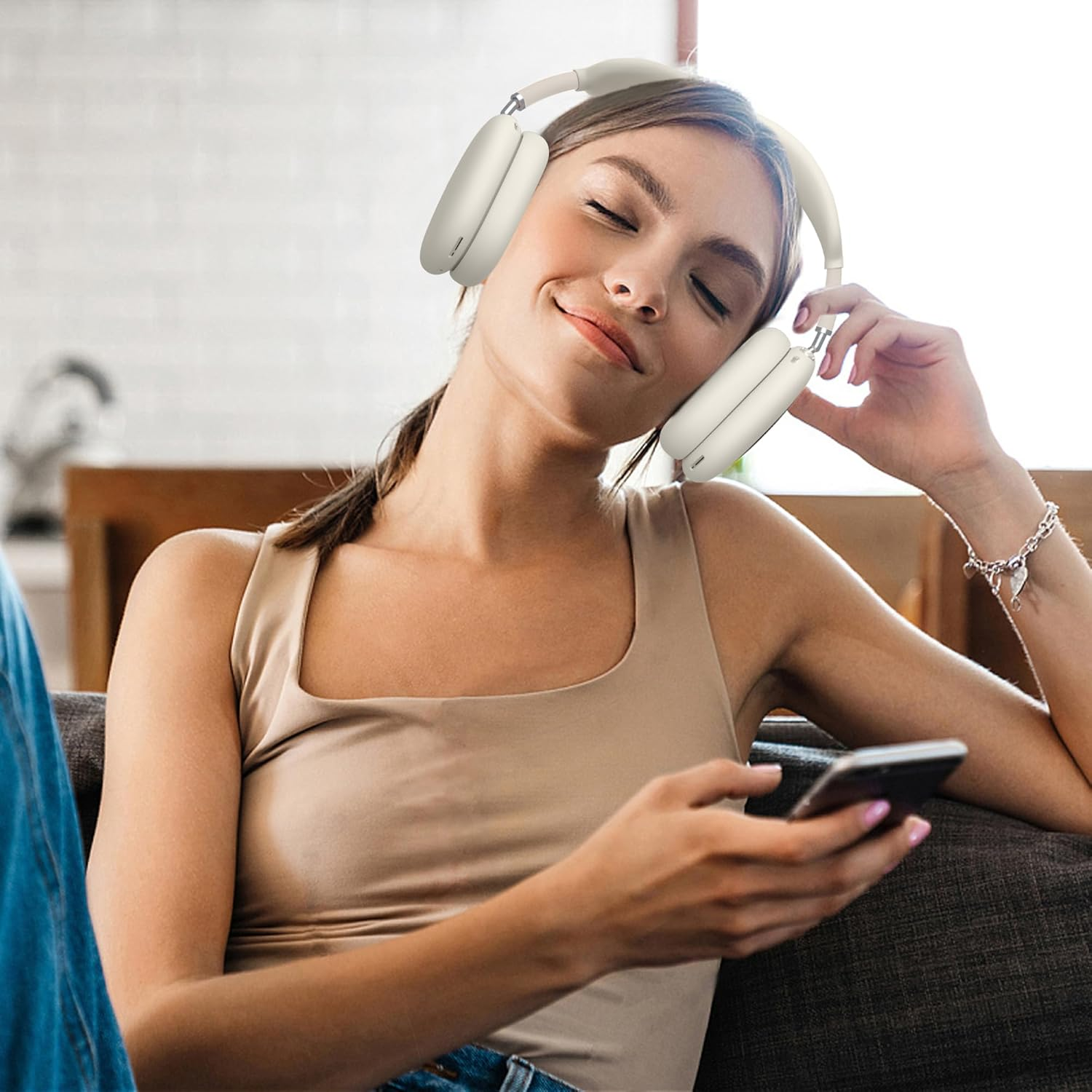 Silicone Cover for Airpods Max Headphones 2024, Soft Silicone & Anti-Scratch Protective Ear Cups Case/Ear Pad Cases/Headband Cover for Apple Airpods Max (Starlight)