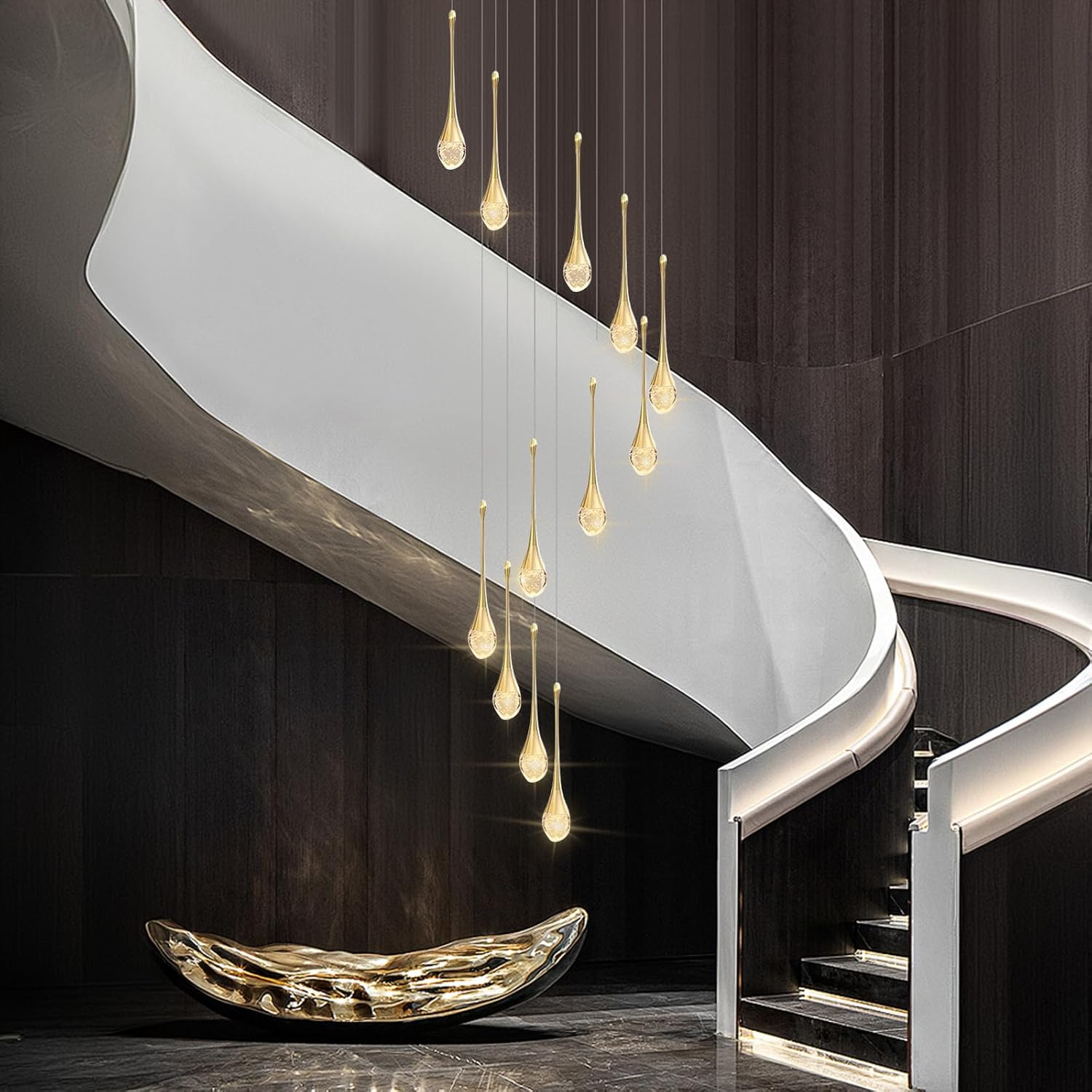 USOR 12-Light High Ceiling Chandeliers LED Modern Gold Crystal Raindrop Chandelier for Staircase Entryway 3 Colors Dimmable Spiral Large Pendant Light Luxury Chandelier for Living Room Lobby Remote image number 3