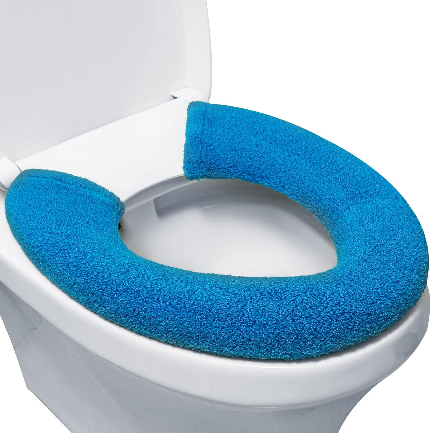 Toilet Seat Cover,Bathroom Soft Thicker Warmer with Snaps Fixed Stretchable Washable Fiber Cloth Toilet Seat Covers Pads Easy Installation& Cleaning (Sky Blue) (MTD21A) image number 2