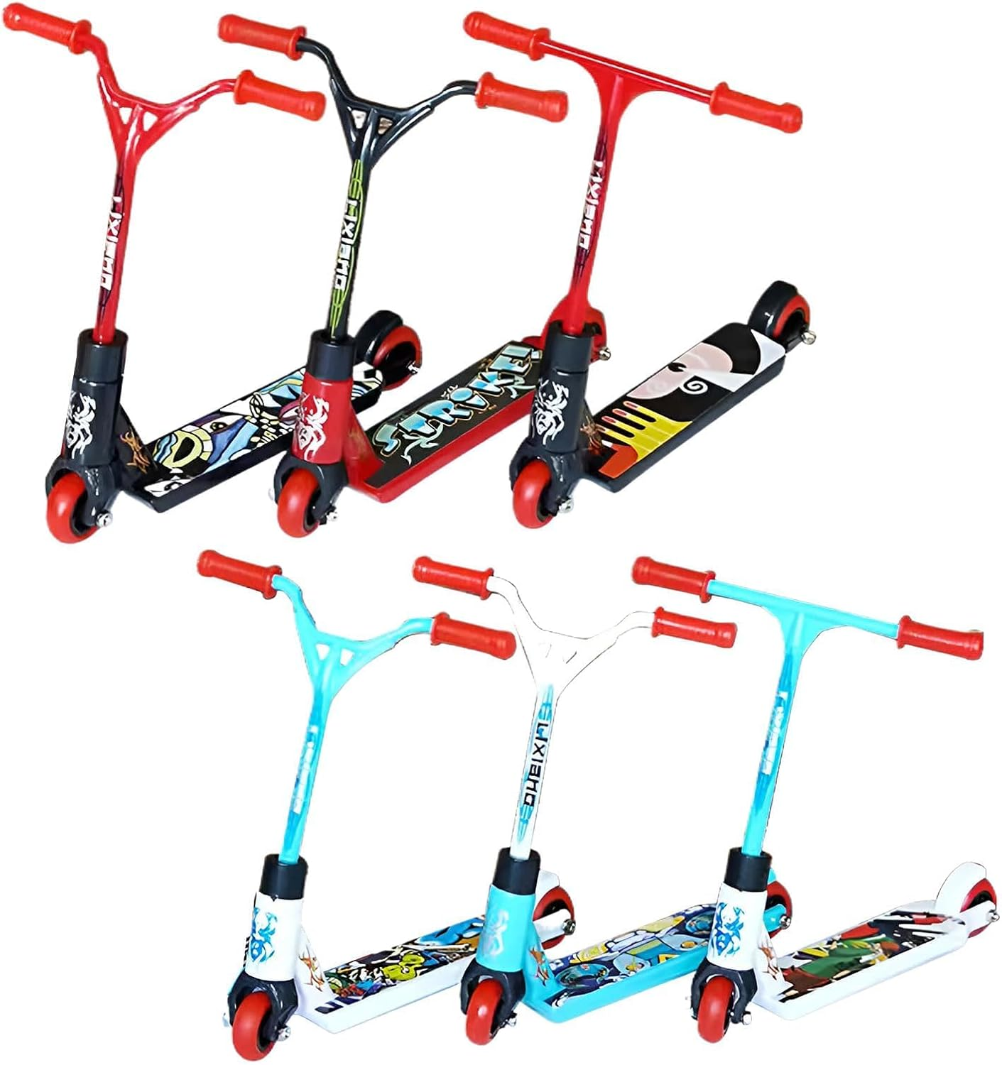 6PCS Tech Deck Scooter,Finger Scooter,Plastic Tech Deck,Cute Mini Teck Deck,Finger Skateboards for Party/Finger Training/Gift/Finger Board/Finger Bike(Straight & Curved Front - Red*2+Blue*2+Black*2)