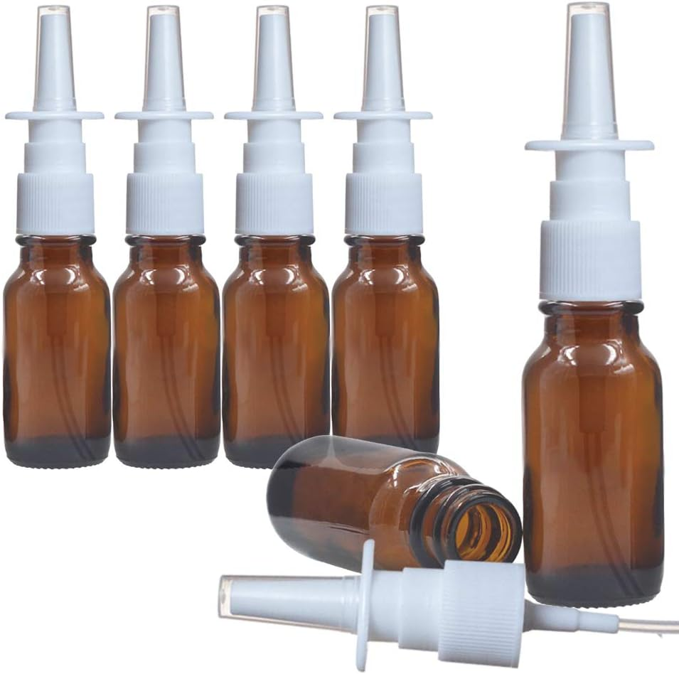 6 Pcs (20Ml/0.67Oz) Amber round Empty Glass Nasal Spray Bottle with Press Spray Head Refillable Portable Fine Mist Sprayers Containers Pot Travel Sub Bottling for Colloidal Silver Saline
