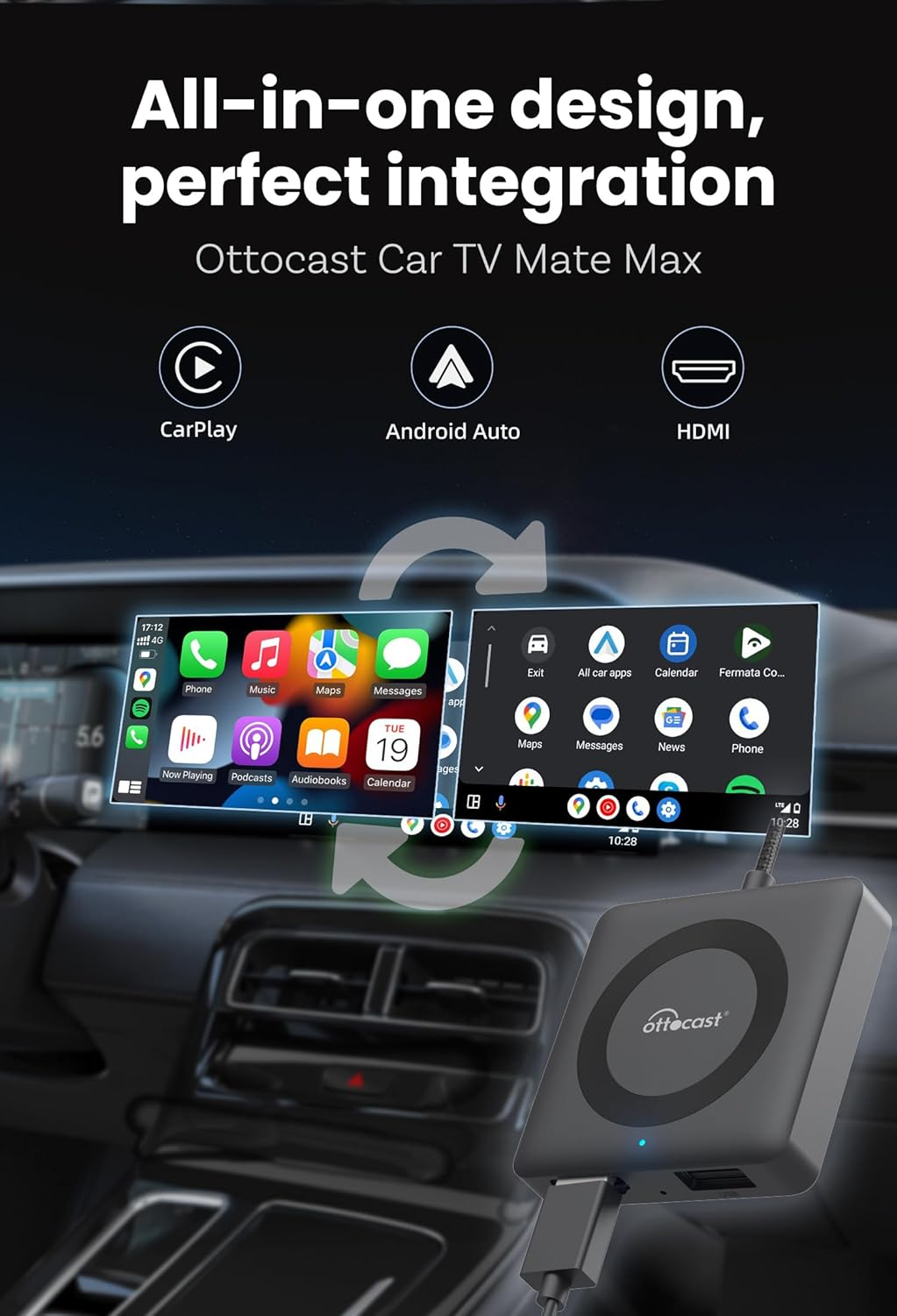 OTTOCAST Cartv Mate Max & Wireless Carplay Adapter & Wireless Android Auto Adapter for Apple Iphone Android Phone 3 in 1, Convert Car Screen to TV, Watching Videos Movies on Car Screen from TV Stick image number 3
