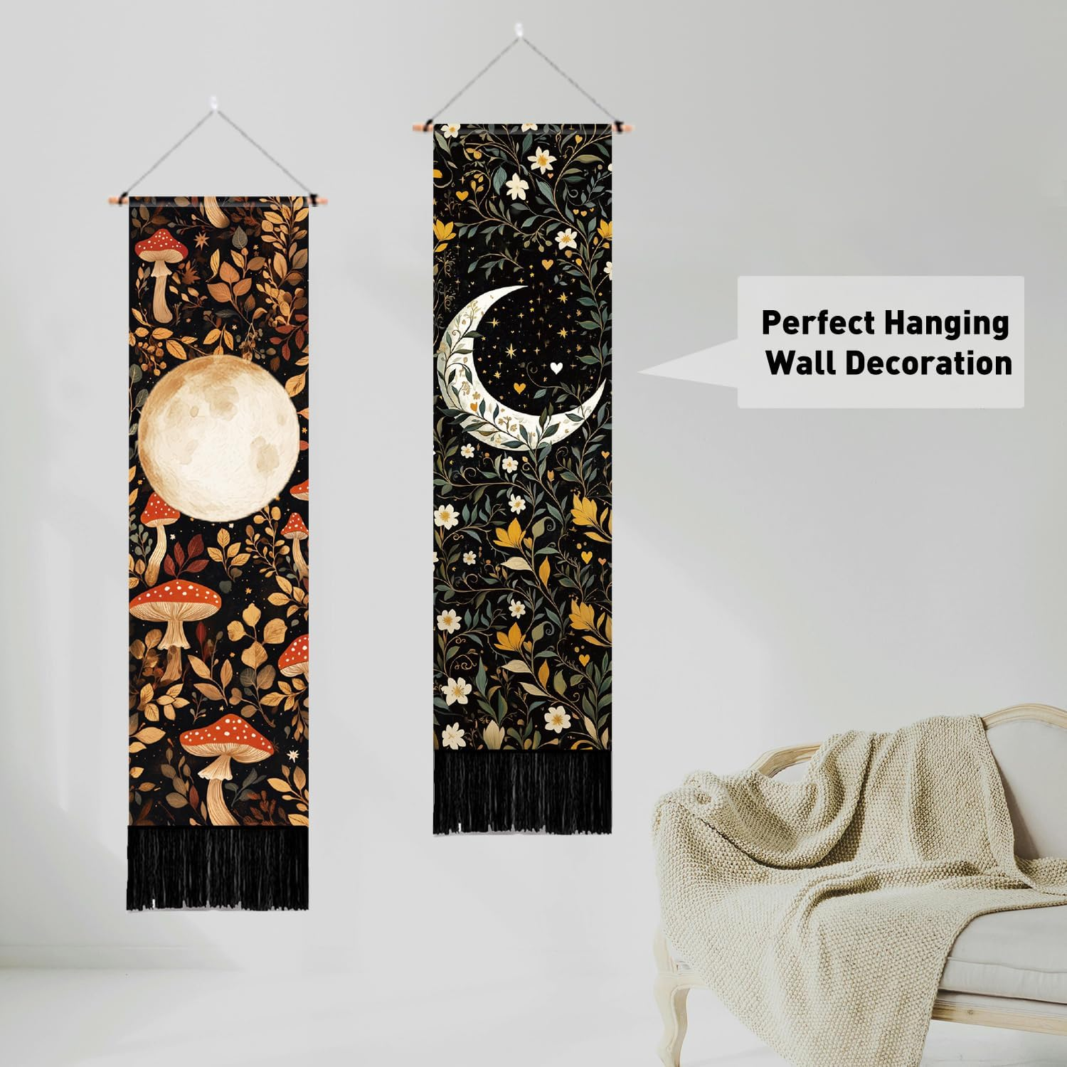PLIGREAT 2 Pack Moon Tapestry Mushroom and Botanical Tapestry with Tassels Vertical Bohemian Wall Hanging Aesthetic Floral Wall Tapestries for Bedroom Living Room Dorm Room Narrow Home Decor - Blue And Black image number 5
