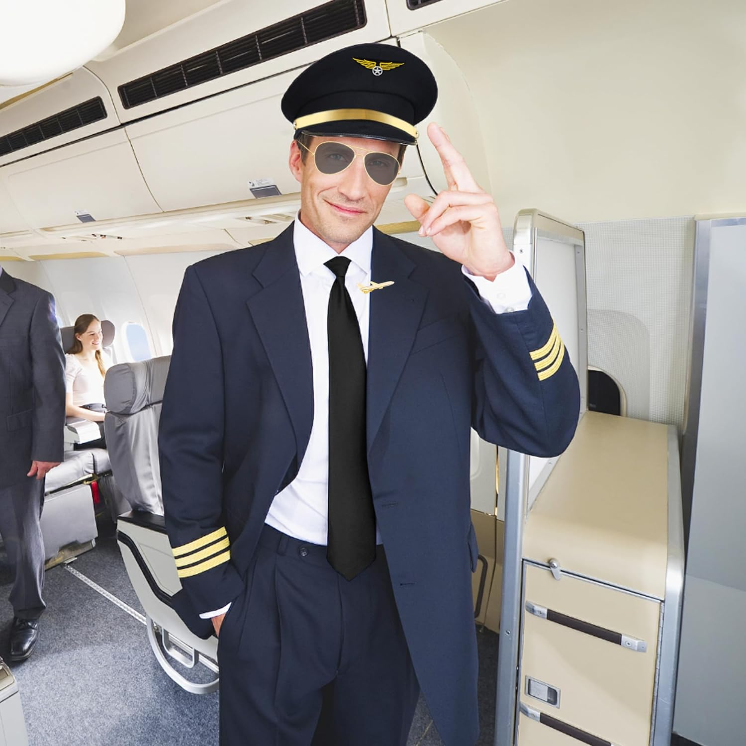 Jevenis Airplane Captain Costume Airline Pilot Hat Accessories for Adults Teens Captain Halloween Party Cosplay Supplies Sunglasses image number 1