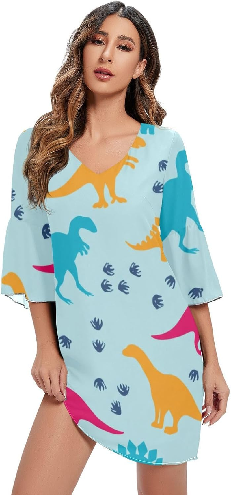 Colorful Dinosaur Blue V Neck Line Dress Printed Maternity Dress Party S-XXL image number 1