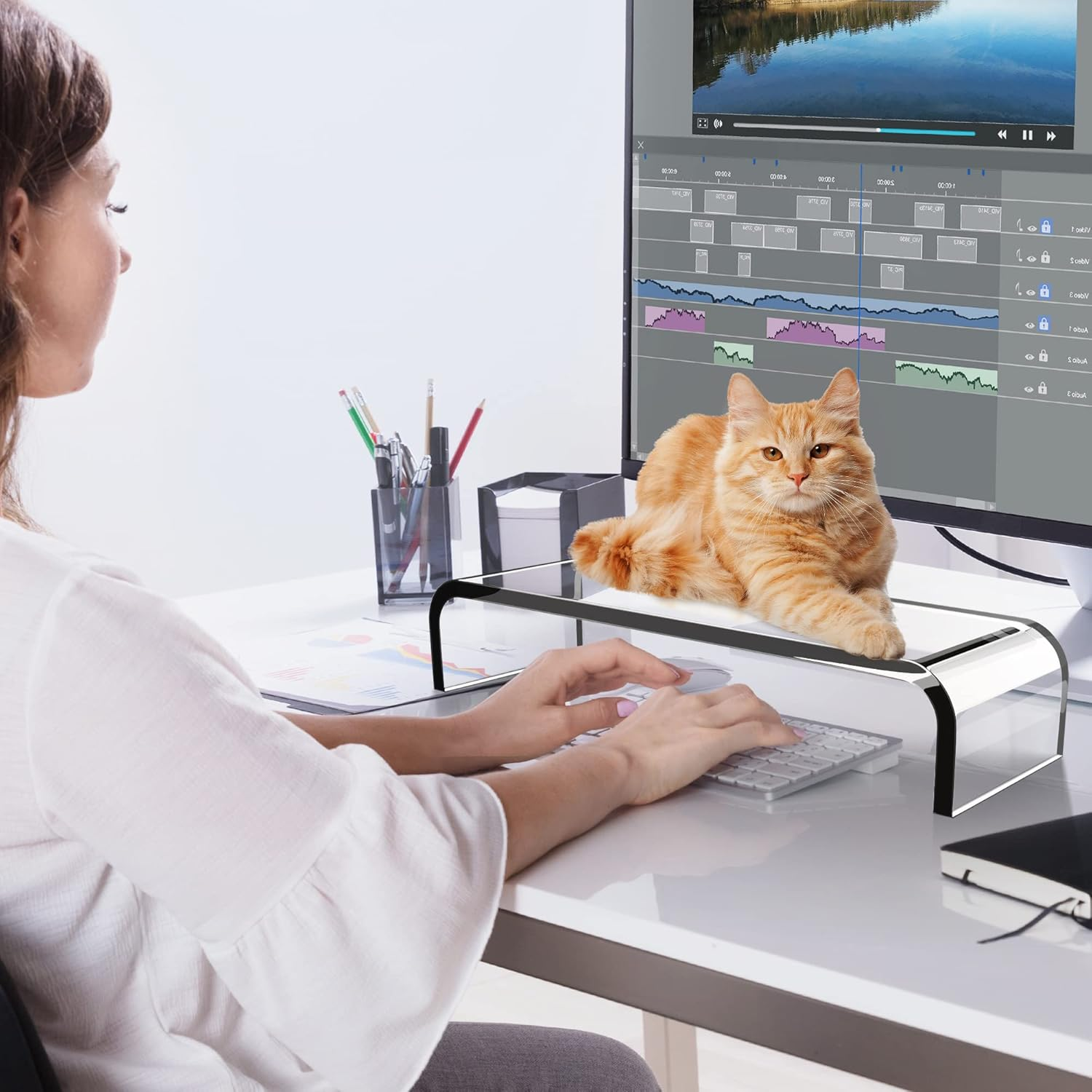 Abovetek Premium Acrylic Monitor Stand, Large Size Monitor Riser/Computer Stand for Home Office Business W/Sturdy Platform, PC Desk Stand for Keyboard Storage & Multi-Media Laptop Printer TV Screen