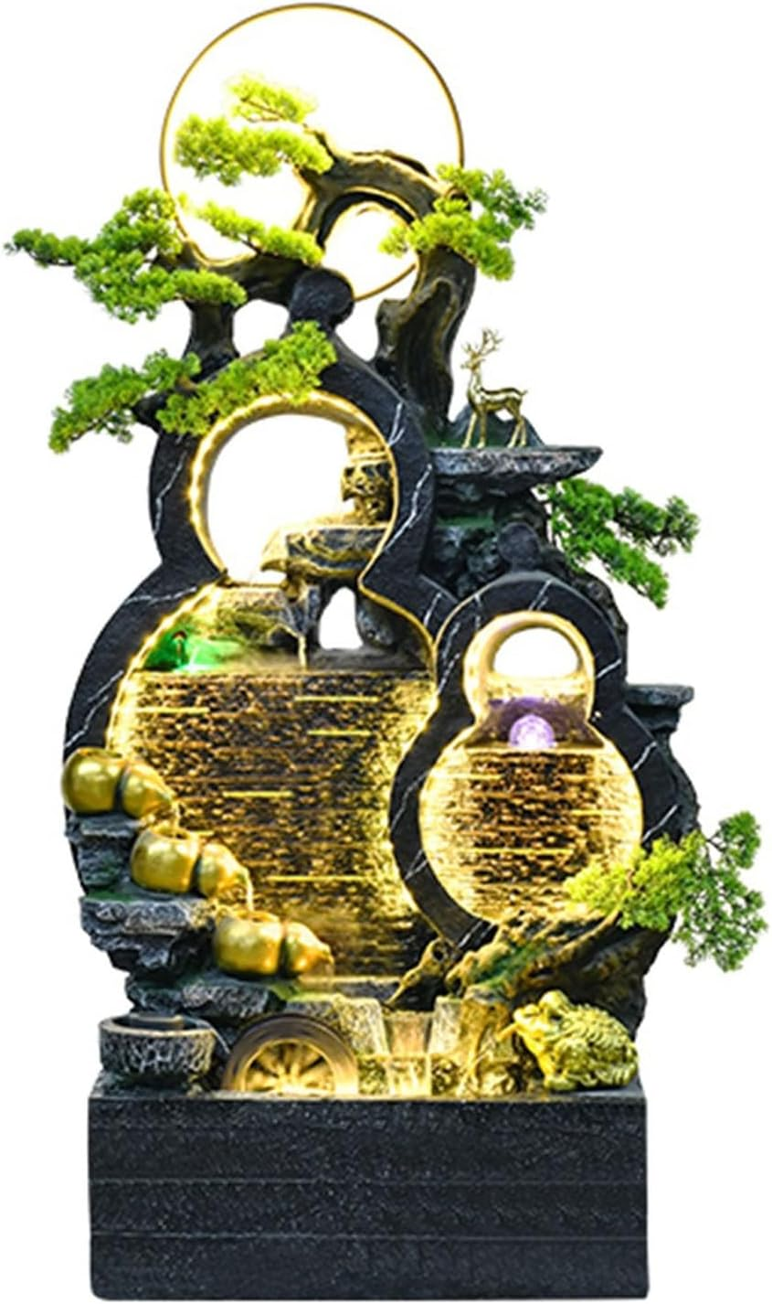Outdoor Fountain Floor Standing Gourd Water Fountain, Indoor Freestanding with Mist, LED Lights and Simulated Greenery, Feng Shui Office Home Decor for Good Luck Wealth(Black)