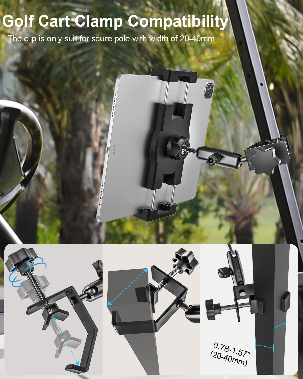 Woleyi Golf Cart Tablet Holder Mount, 360&deg; Adjustable, Metal Wider Clamp Arm for Zgo/Club Car/Yamaha/Other Golf Carts, Compatible with Ipad Pro 12.9/Air/Mini, Iphone, Galaxy Tabs/Z Fold, 4-13" Devices image number 3