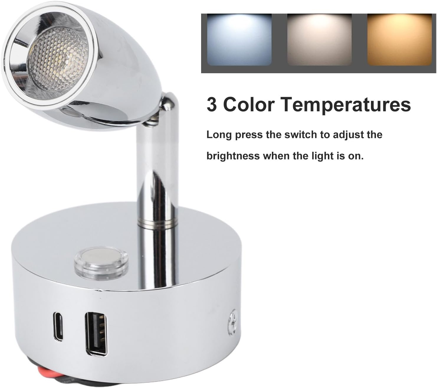 12V Campervan Lights - USB Port Matte RV Reading Lamp with 3-Color Temperature & Dimmable Touch Switch, 12V LED Spot Lights for Wall Sconce (Cr Plated) - Black Plated image number 2