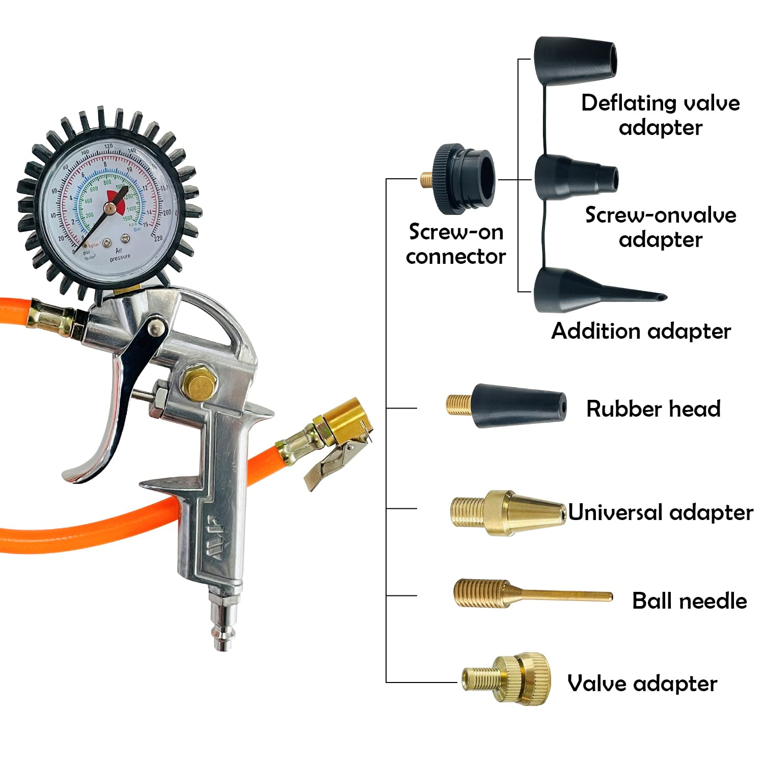 Heavy Duty Air Compressor Accessories Kit, 220PSI Rubber Hose Tire Inflator Gauge with Air Hose Fittings, 1/4" NPT Air Tool Kit with Air Dust Blowing Tool image number 4