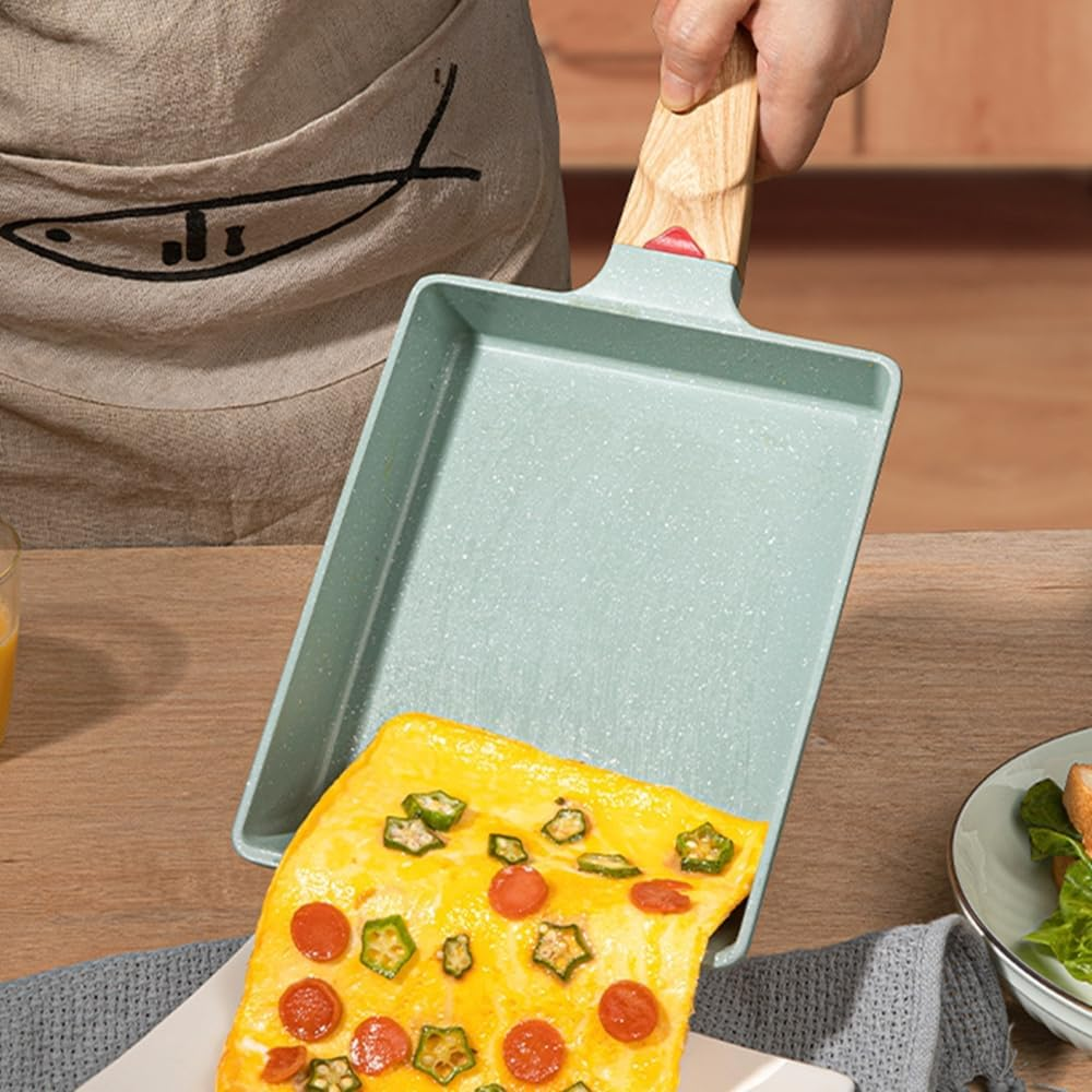 Japanese Omelette Pan, Nonstick Tamagoyaki Egg Pan-Rectangle Tamago Pan, Omelet Pan Small Frying Pan with Spatula & Whisk-Pfos & PFOA Free(Green)
