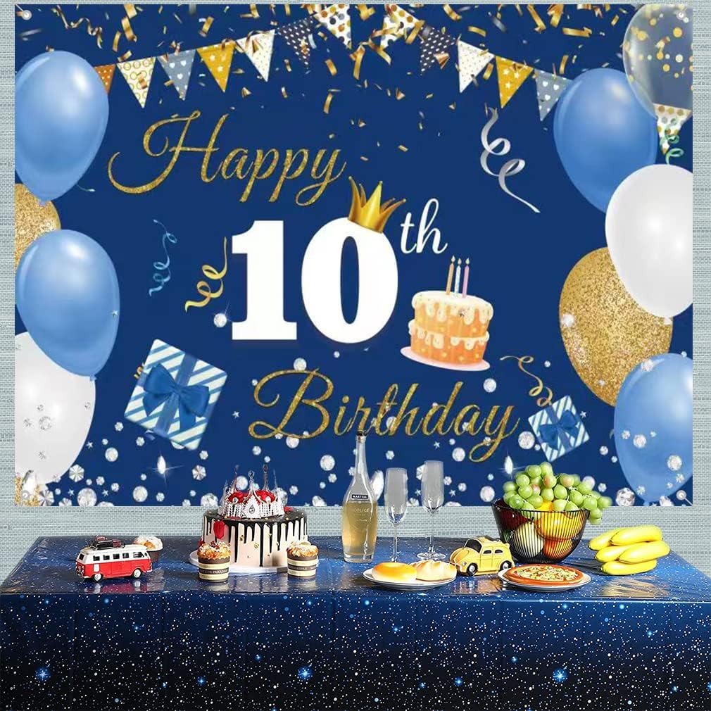 10Th Birthday Decorations Happy 10Th Birthday Backdrop Banner for Boys/Girls Happy 10 Years Old Fabric Sign Poster, Blue Photography Background 10Th Birthday Party Supplies, 59"X35.4"