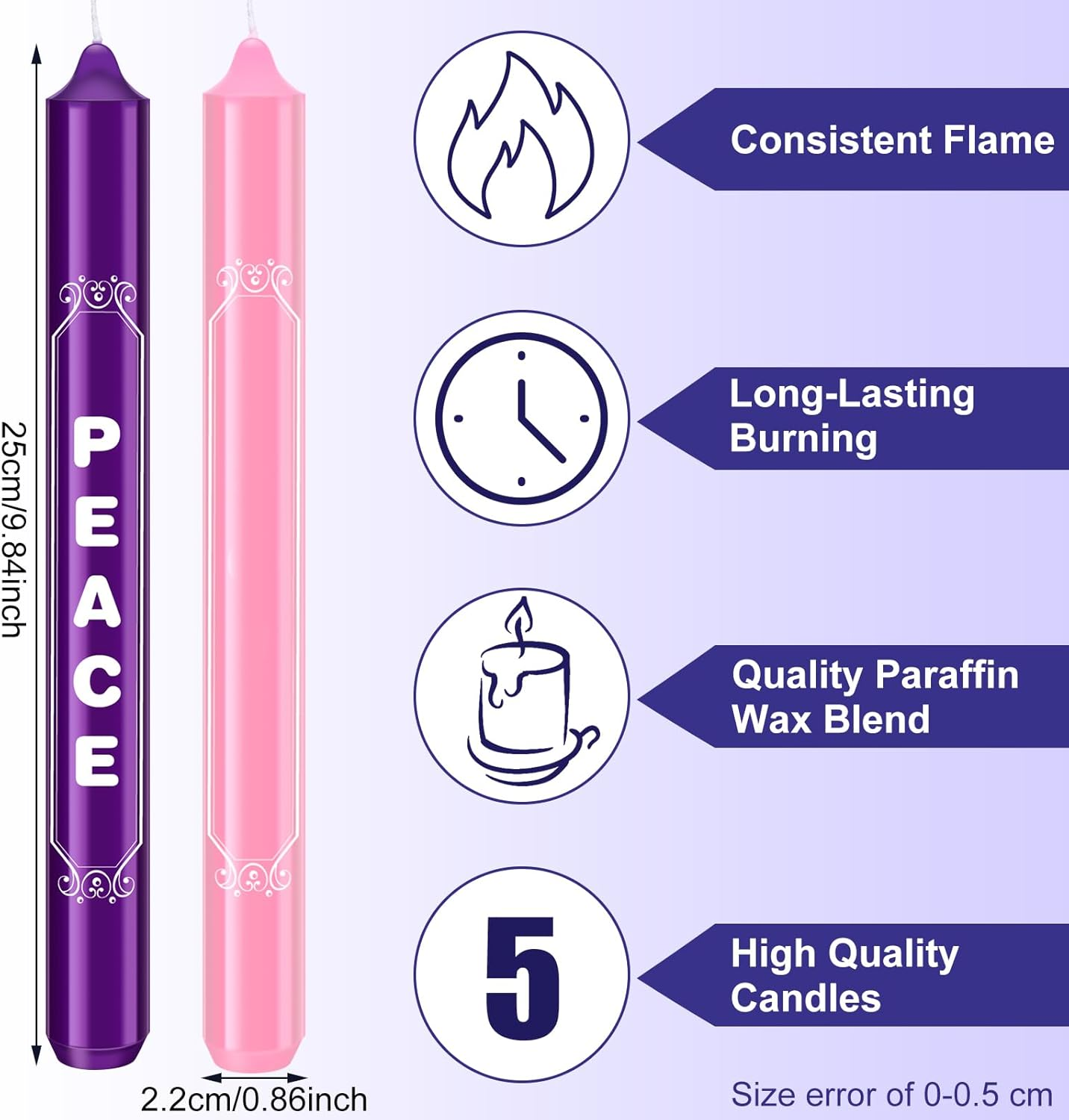 Tondiamo 5 Pieces Christmas Advent Candles with Words Christ, Peace, Joy, Hope White Advent Wreath Candlestick Christmas Advent Candle Taper Candles Purple Candle for Church Advent Wreath Decor image number 2