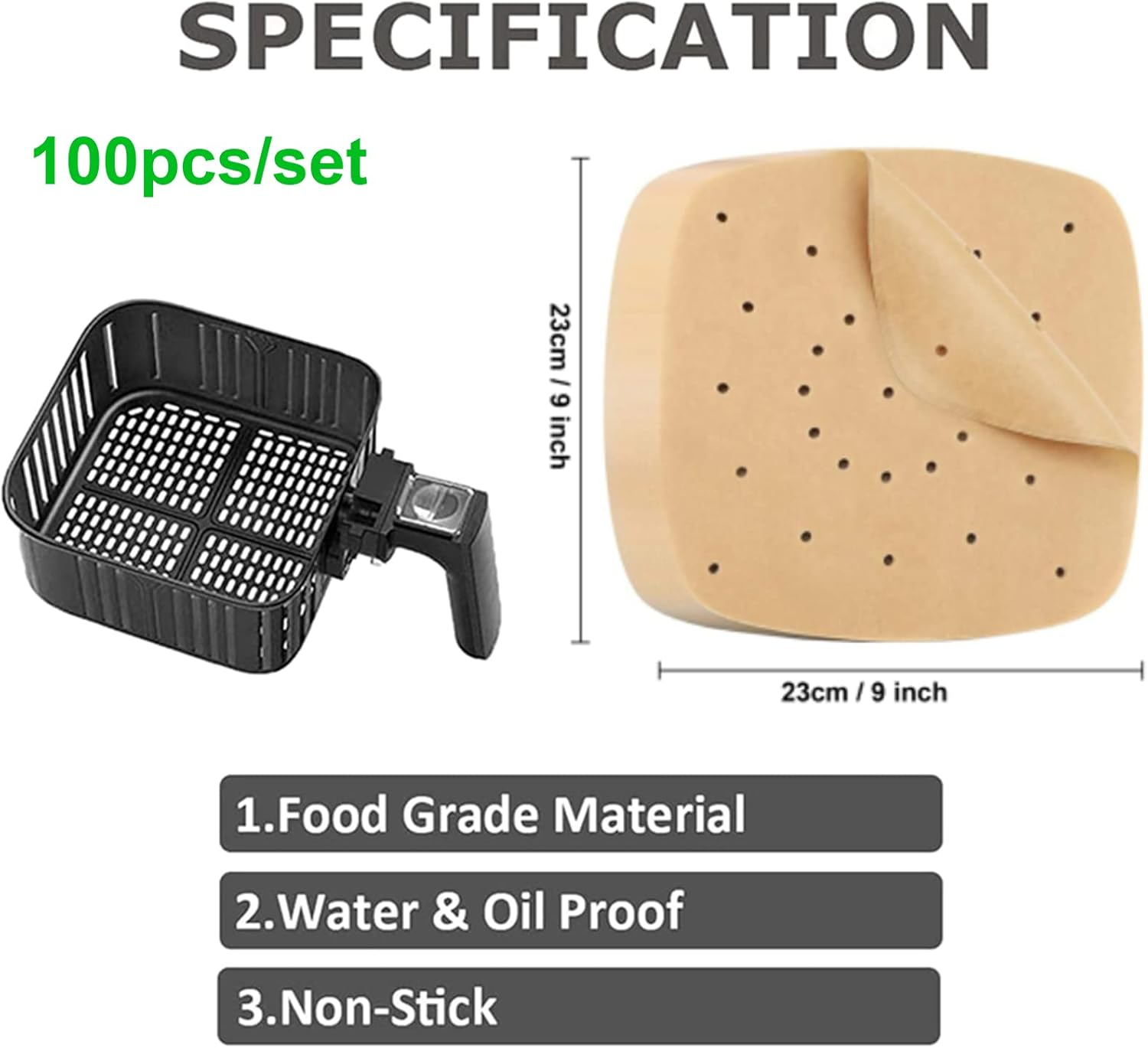 (100Pcs-9 Inch) Air Fryer Parchment Paper, MH MOIHSING Square Air Fryer Liners, Bamboo Steamer Paper, Steamer Liner Perforated Unbleached Parchment Paper for Baking Cookies Grilling Air Fryer, No Burn image number 5