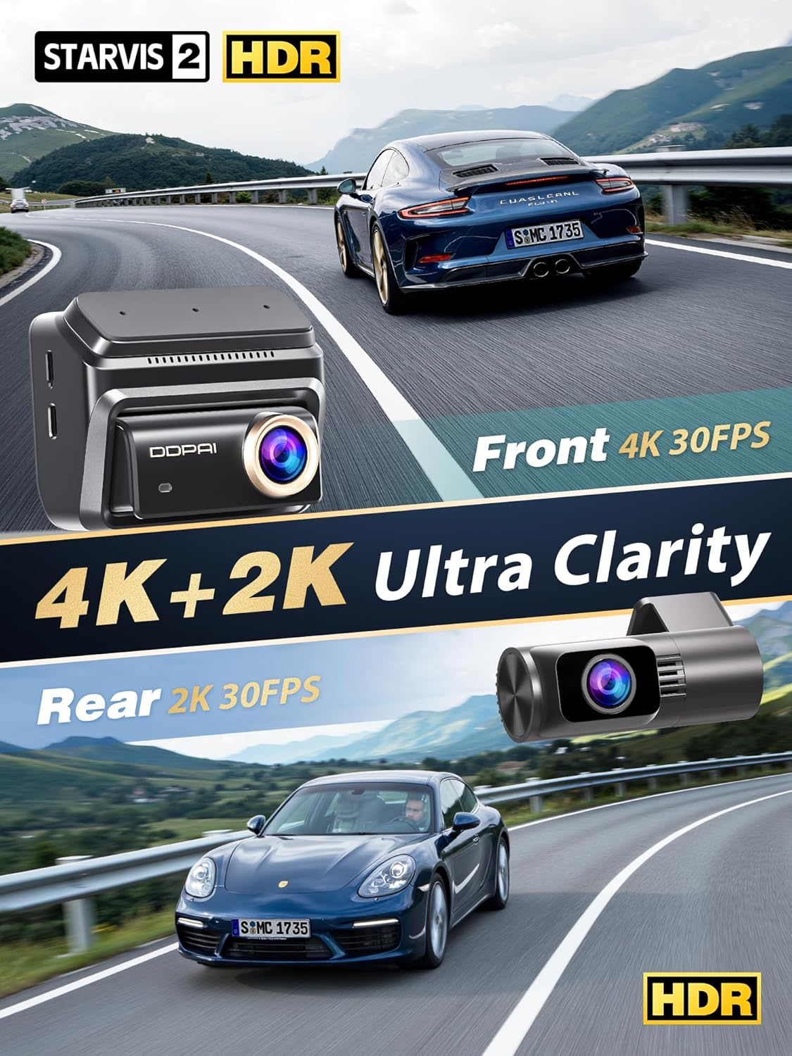 DDPAI 4K+2K Dash Cam Front and Rear, STARVIS 2 IMX678 Dash Cam for Cars, Free 64G Emmc, Dual HDR, 5G Wifi, GPS, 3" IPS, AI ISP Night Vision, 24H Parking Mode, 4G Available, ADAS, Z90 Pro image number 2