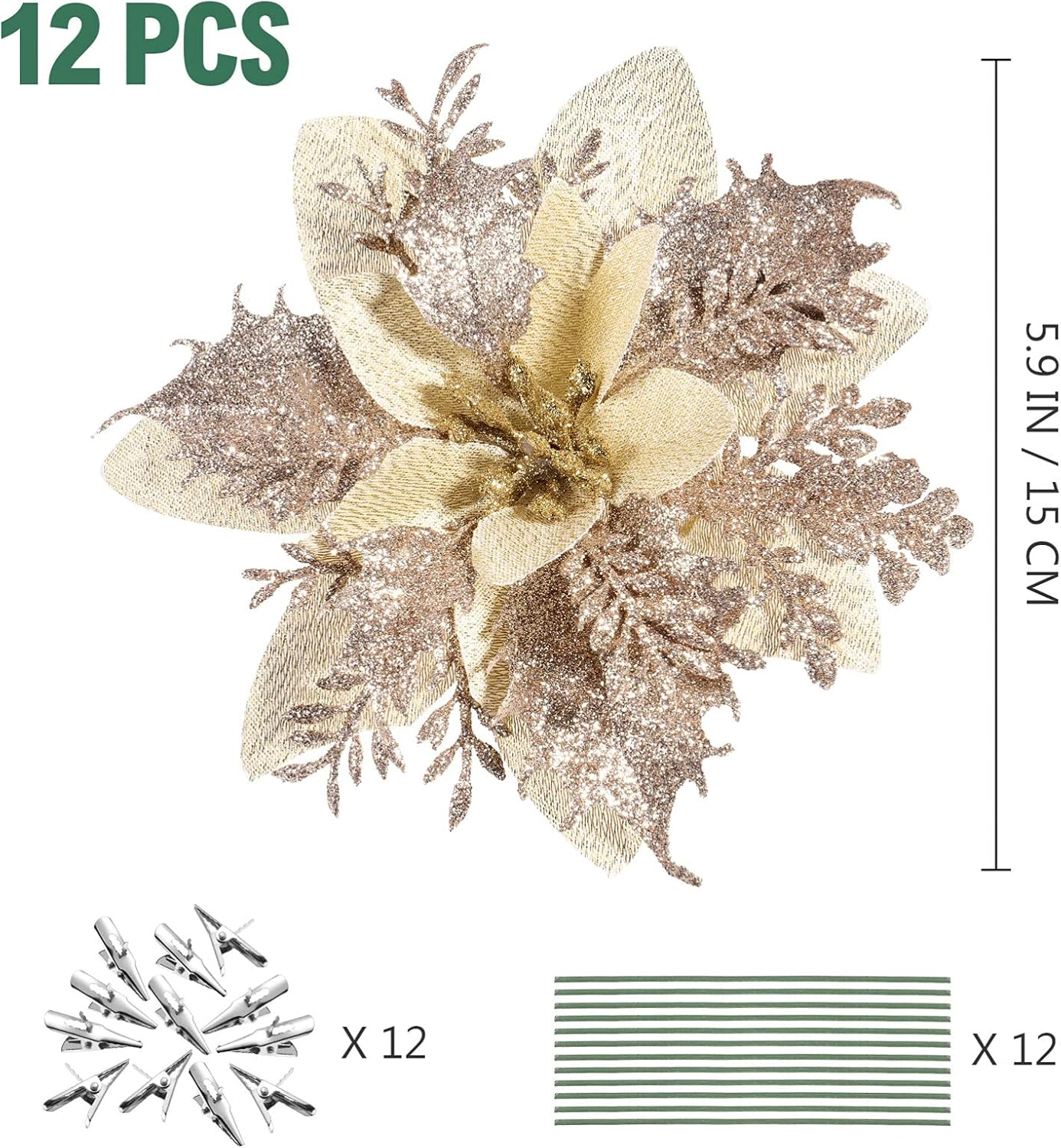 TOYANDONA 12Pcs Christmas Glitter Poinsettia Flowers, Christmas Tree Flower Decorations Artificial Flowers with Stems and Clips for Wedding Party Wreath (Champagne)