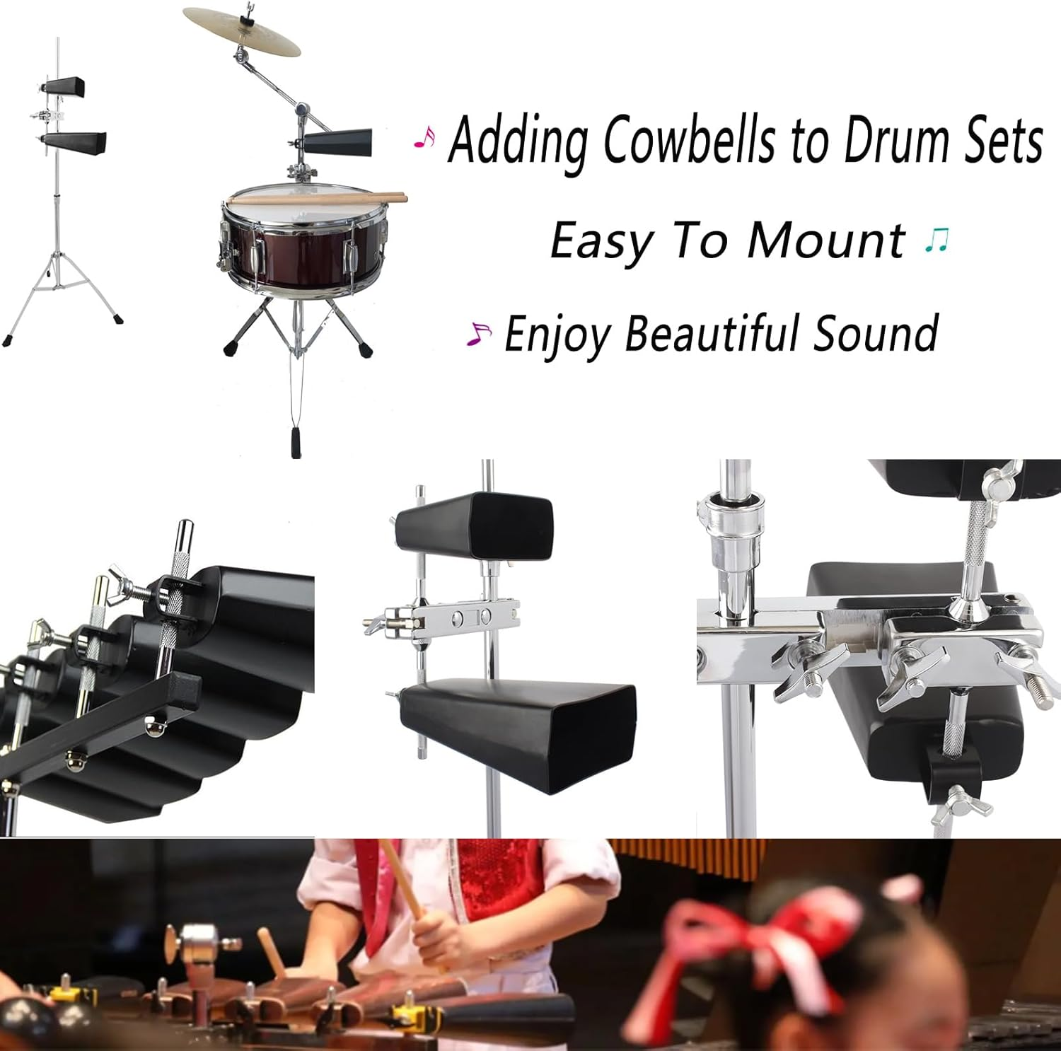 Acrux7 7 Inch Large Cow Bell Noise Makers, Metal Cowbell with Handle and Stick, Hand Percussion Music Cowbell for Sporting Events, Drum Set, Church, Weddings, Beautiful Clear Tapping Sound (Black) image number 4