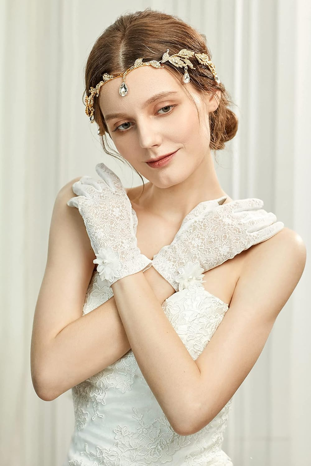BABEYOND Crystal Leaf Wedding Headpiece Headband Bridal Bridesmaid Forehead Band Rhinestone Bridal Tiara Crown with Gift Box - Rose Gold image number 3
