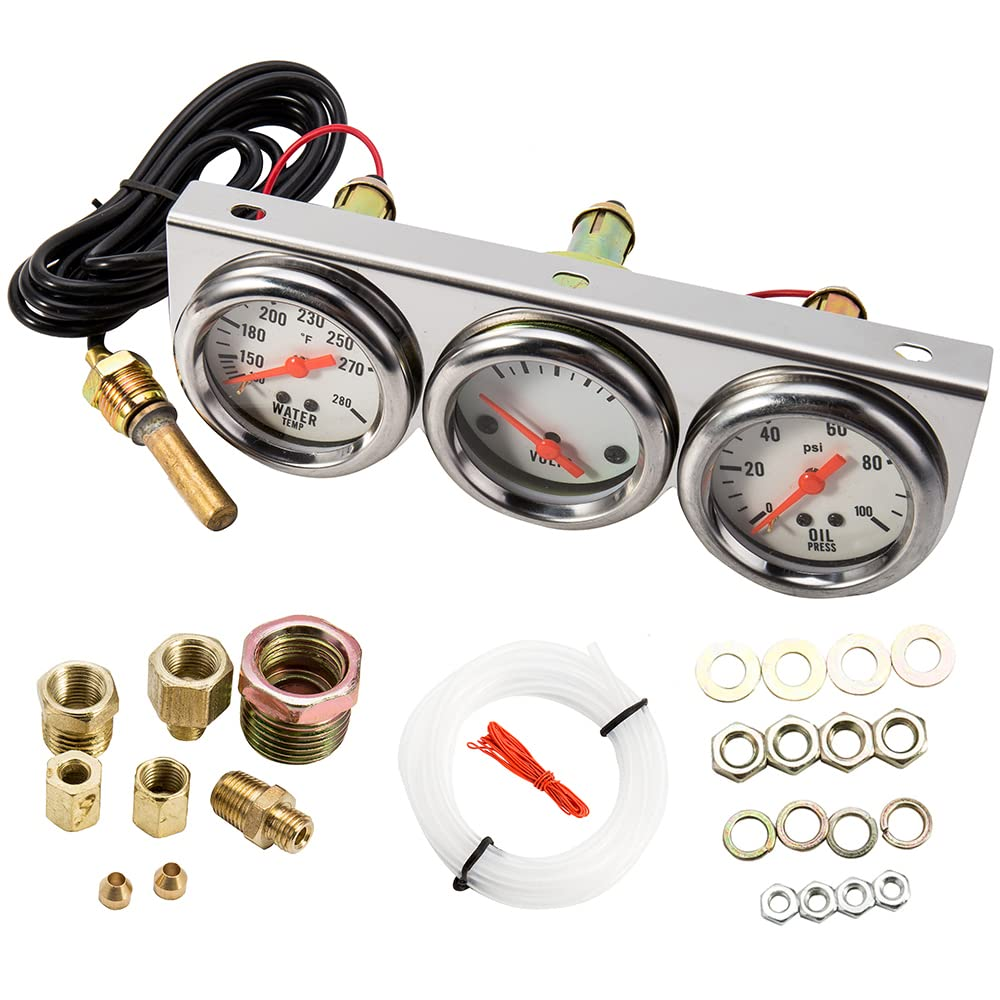 Triple Gauge Kit, 3 in 1 Car Oil Volt Water Gauge, Chrome Housing, White Face, Red Needles, 51Mm Size, 100-280F Water Temp, 8-16V Volts, 0-100Psi Oil Pressure image number 6