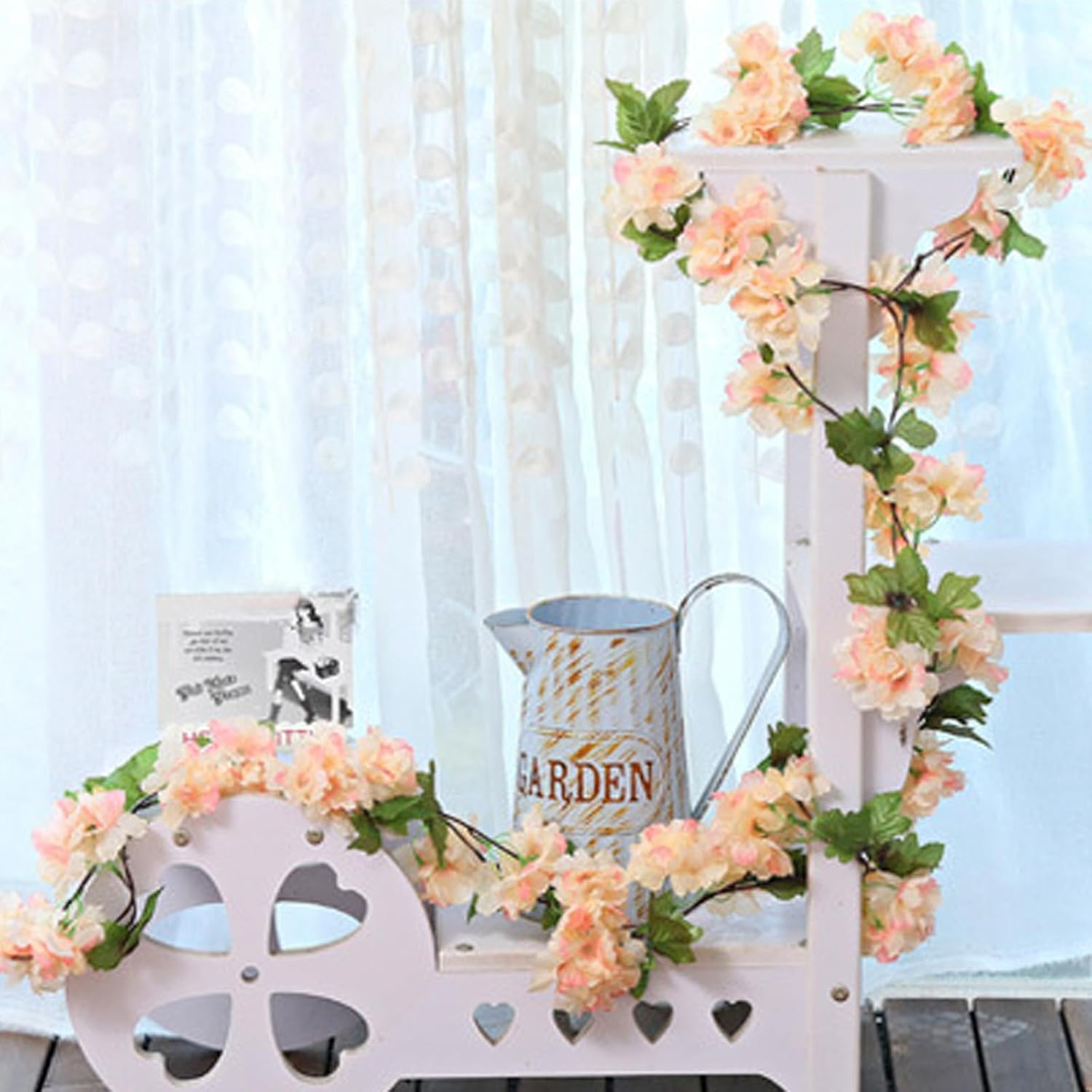 Bacucine 6Pcs Artificial Cherry Blossom Flower Vines Fake Cherry Blossom Flower Hanging Flower Vine Faux Sakura for Home Wedding Party Decor (Champagne) - White image number 6