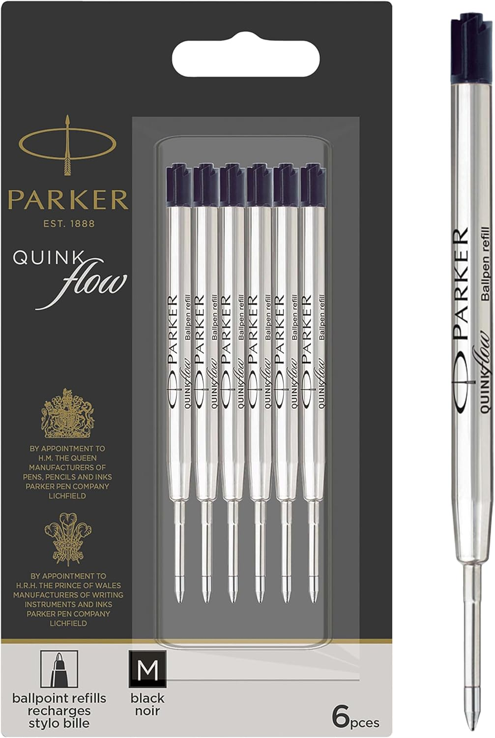 Parker Ballpoint Pen Refills, Medium Tip, Blue Quinkflow Ink, 6 Refills for Ballpoint Pens