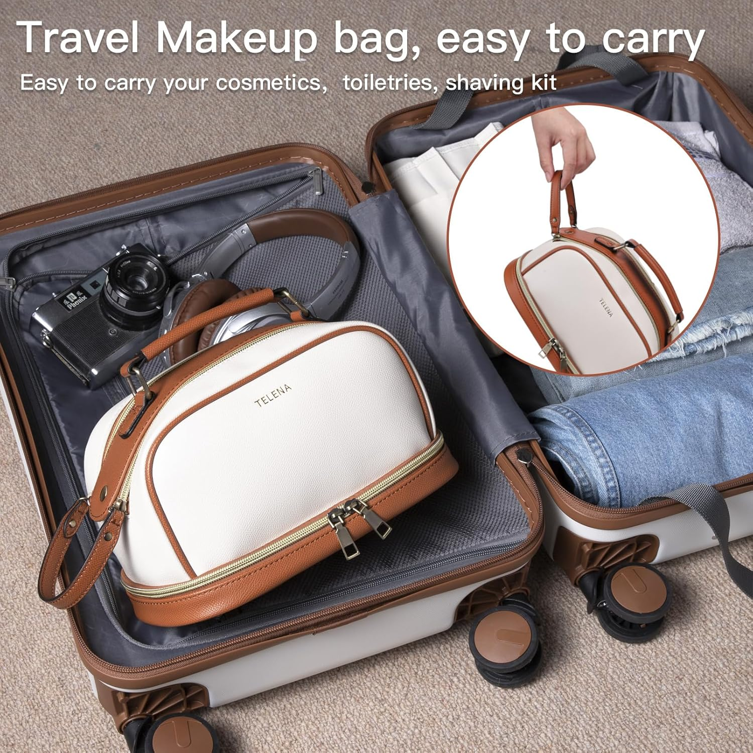 DDPOND Travel Toiletry Bag Makeup Cosmetic Bags for Women Waterproof PU Leather Toiletry Organizer Portable Large Capacity Beige with Brown - Clear With Brown image number 7