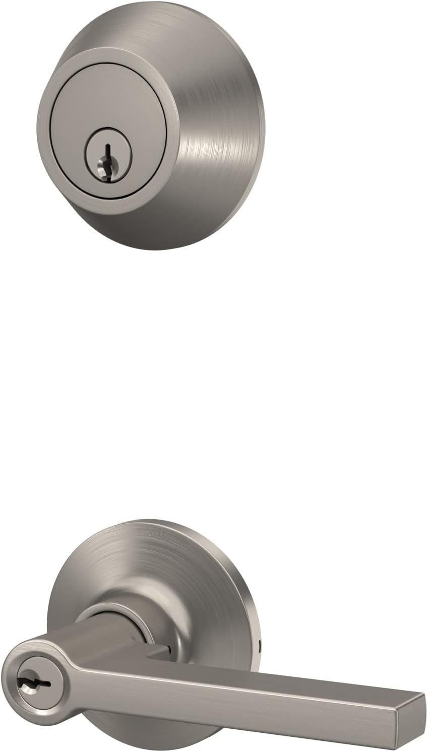 Lock Scout Straight Lever with round Trim Keyed Entry Door Handle and Single Cylinder Deadbolt, Satin Nickel Finish image number 4