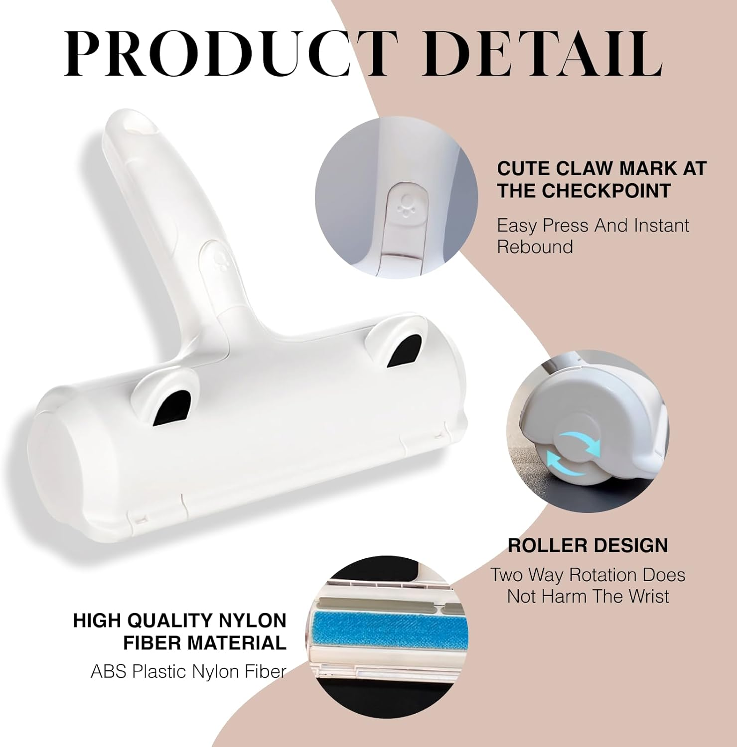 Wouble Pet Hair Remover Roller Reusable Self-Cleaning Lint Brush for Dog Cat Fur on Furniture, Car Seats, Clothes, Bedding White Cat&rsquo;S Ear Design ﻿ image number 1