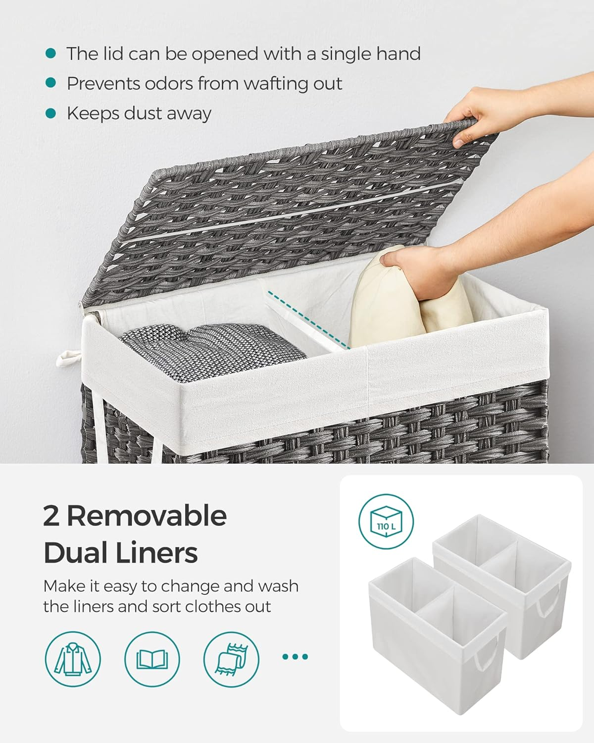 SONGMICS Laundry Hamper, 29 Gal (110L) Divided Laundry Basket with Removable Liner Bag, Synthetic Rattan Handwoven, with Lid and Handles, Foldable, 22.4 X 13 X 23.6 Inches, Gray ULCB52WG image number 1