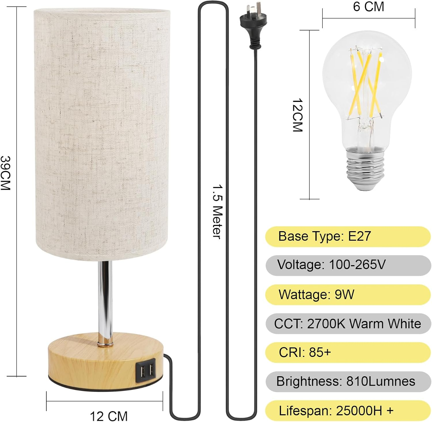 Bedside Table Lamp for Bedroom 3 Way Dimmable Touch Desk Lamp USB Charging Ports Small Lamp Wood Base round Flaxen Fabric Shade for Living Room, Desk, LED Bulb Included image number 3