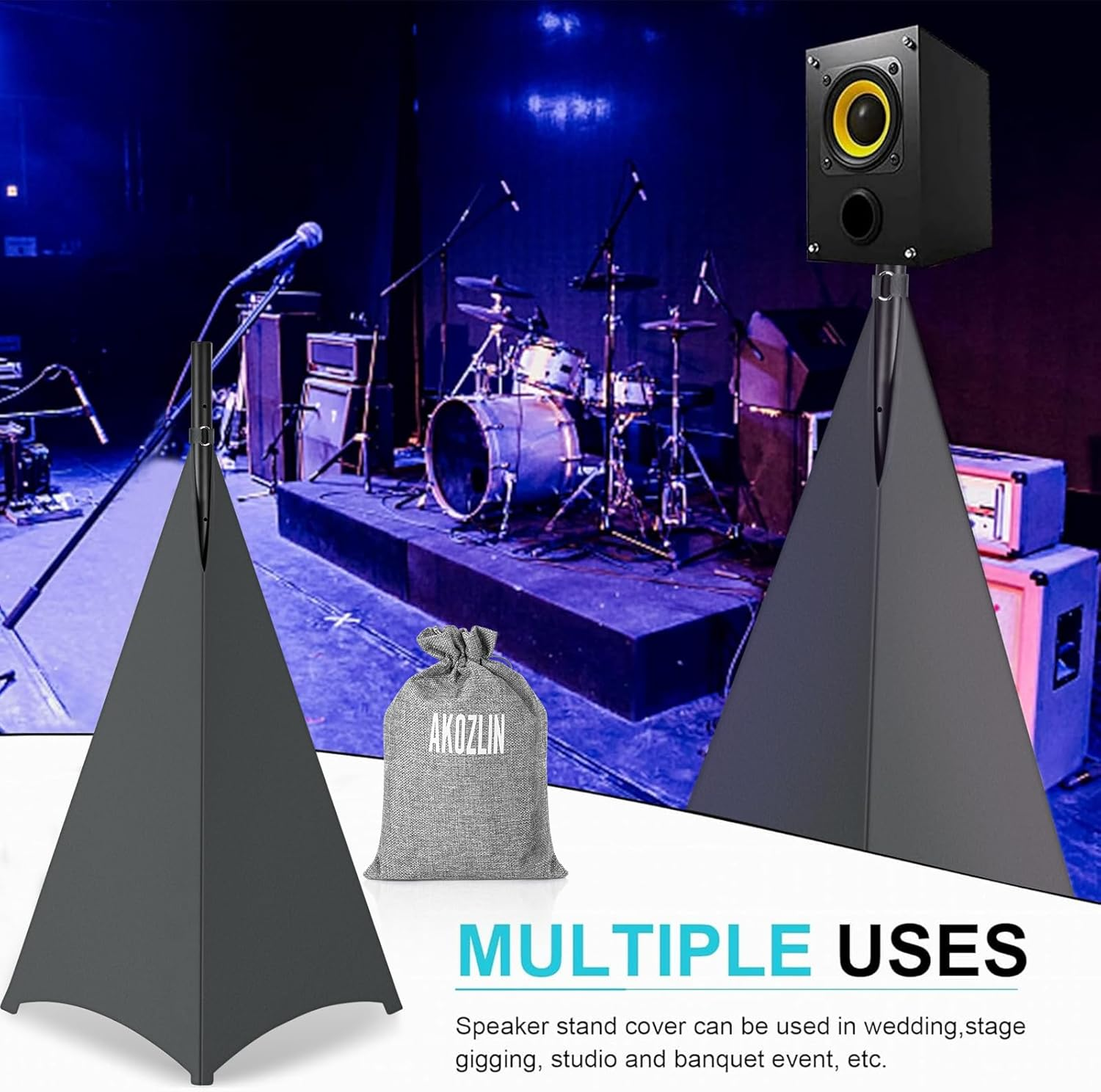 AKOZLIN Speaker Stand Cover with 360 Degree Tripod Stand Skirt Skrim Stretchable Lycra Fabric Covers with Free Storage Bag Two Pack Dark Grey image number 2