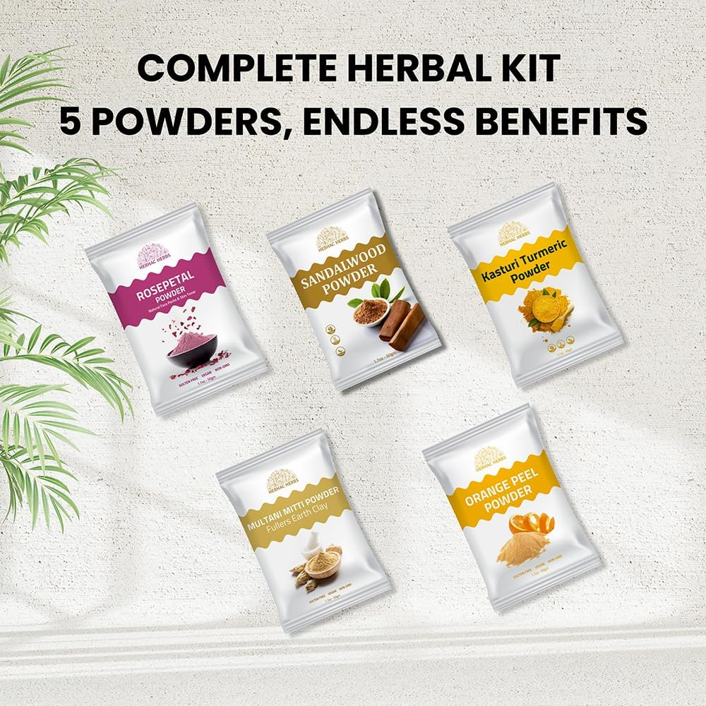 Hebhac Herbs Skin Care Combo: Sandalwood, Multani Mitti, Kasthuri Manjal, Rose Petal & Orange Peel Powder | Natural & Preservative-Free