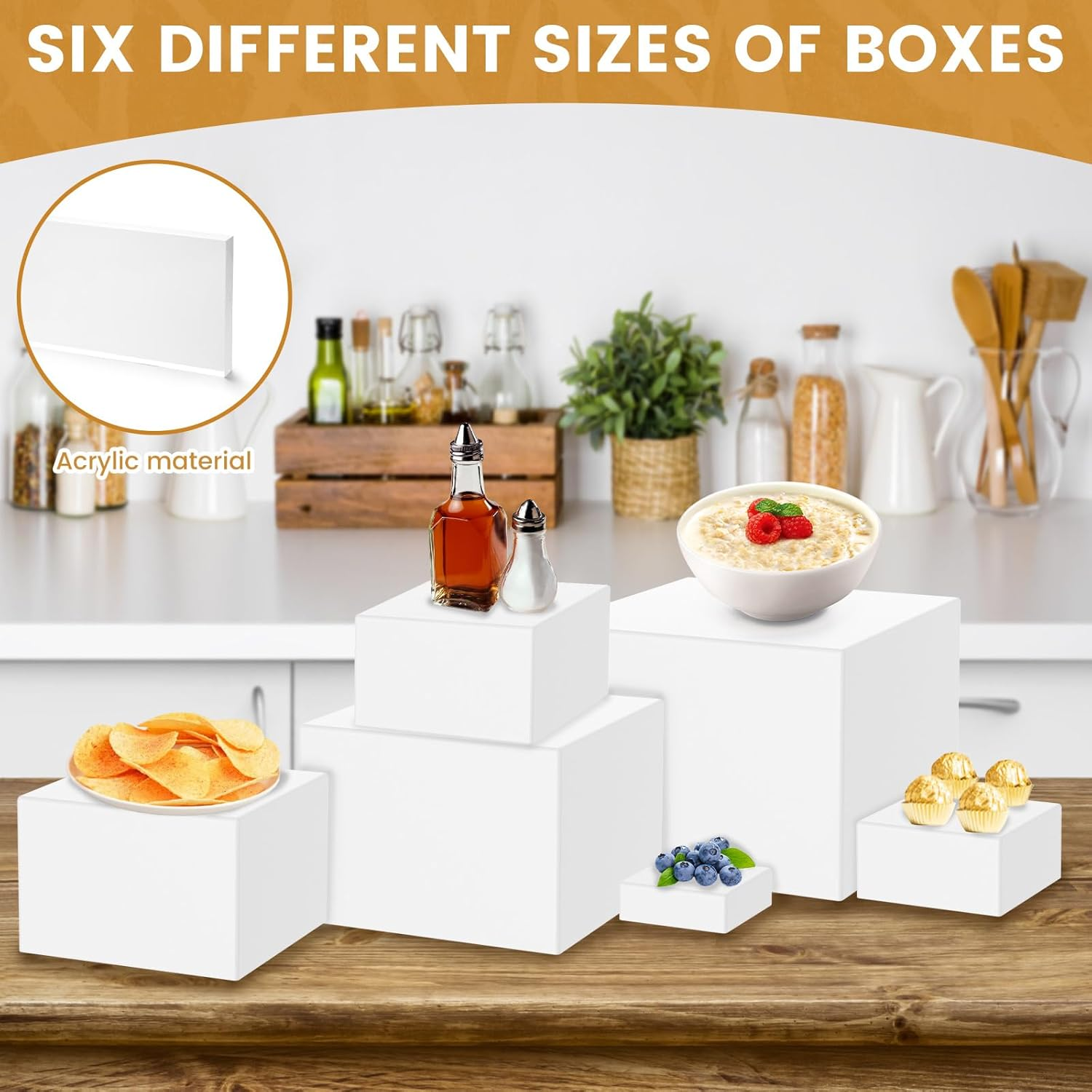 6 Pcs Acrylic Display Boxes Risers, 6 Different Sizes Stackable Buffet Stands, Food Display Risers for Party Buffet Table 3 Inch + 4 Inch + 5 Inch + 6 Inch + 7 Inch + 8 Inch (White) - White image number 3