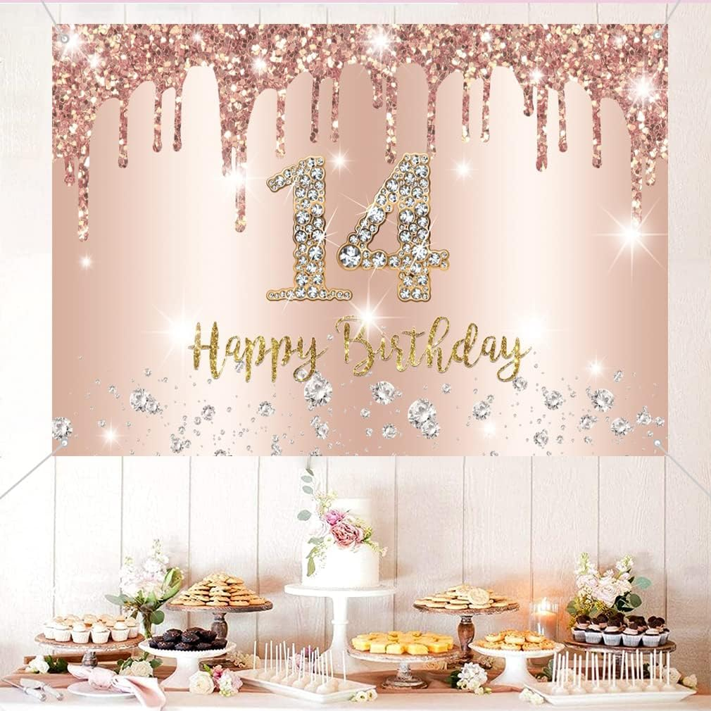 Happy 14Th Birthday Decorations Backdrop Banner for Girls Happy 14 Years Old Party Sign Poster Girl Rosegold Photography Background 14Th Birthday Party Supplies, 59"X35.4"