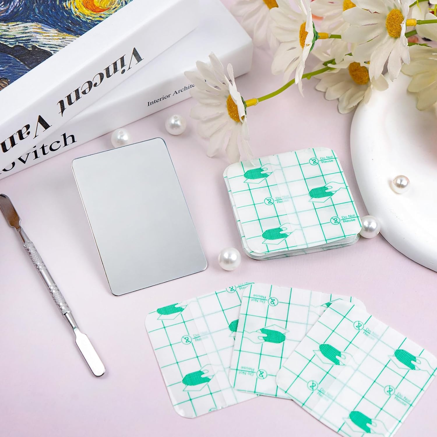 Makeup Mixing Palette Set Includes Make up Spatula, 100 Pieces of Makeup Hand Palette Single Use Cosmetic Tape, Foundation Palettes with Finger Ring on the Back for Make up Artist (Silver) image number 4