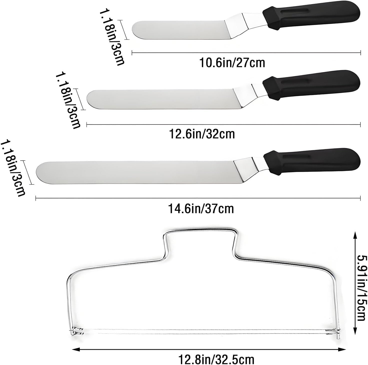 MYTOAU Set of 3 Icing Spatulas and Wire Cake Slicer,Professional Cake Angled Offset Spatula Stainless Steel Thickened Frosting Knife with Durable Plastic Handle for Cake Decorating Pastry Baking image number 4