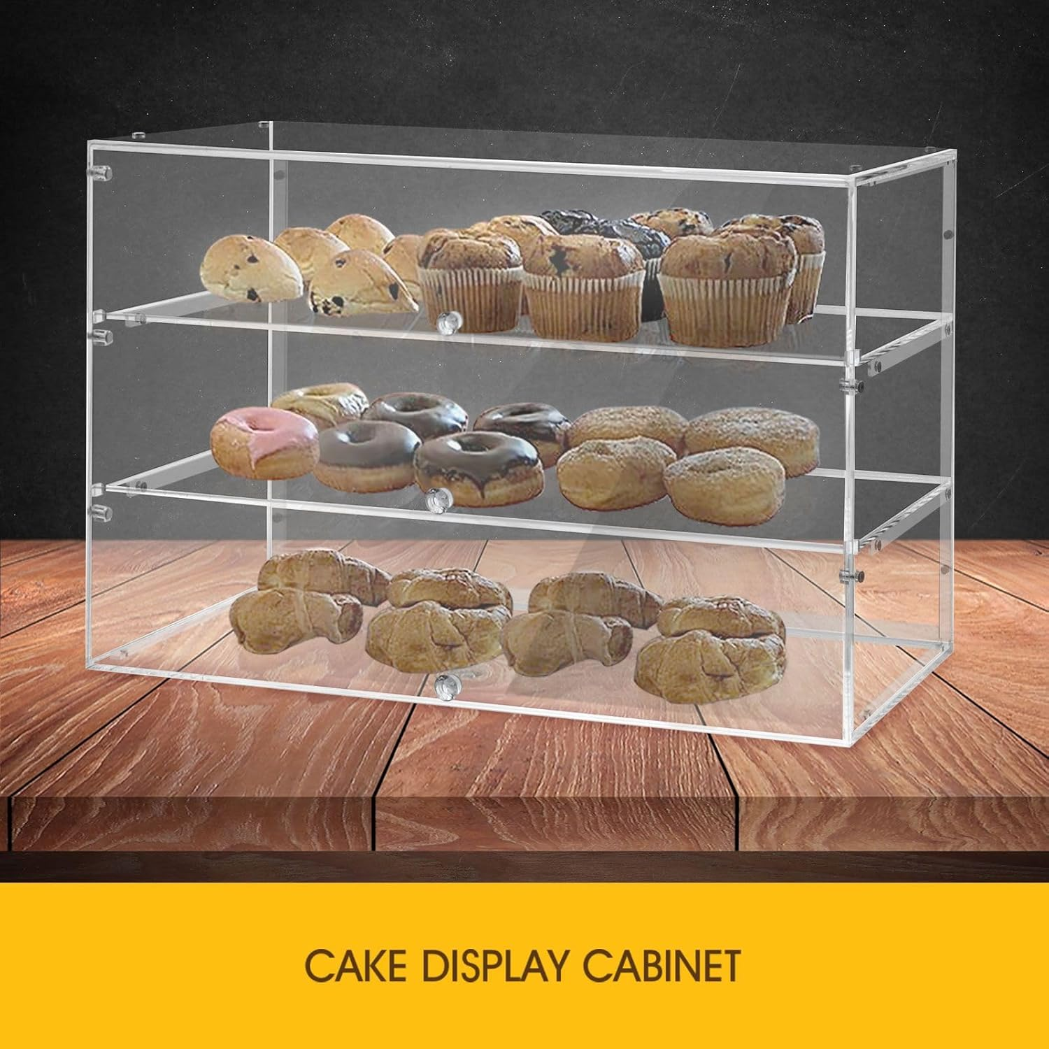 Maxkon Cake Display Cabinet 3 Tier Acrylic Stand Case Unit Holder Bakery Cupcake Muffin Donut Pastry Model Showcase Desktop with Lift-Up Door Transparent image number 2