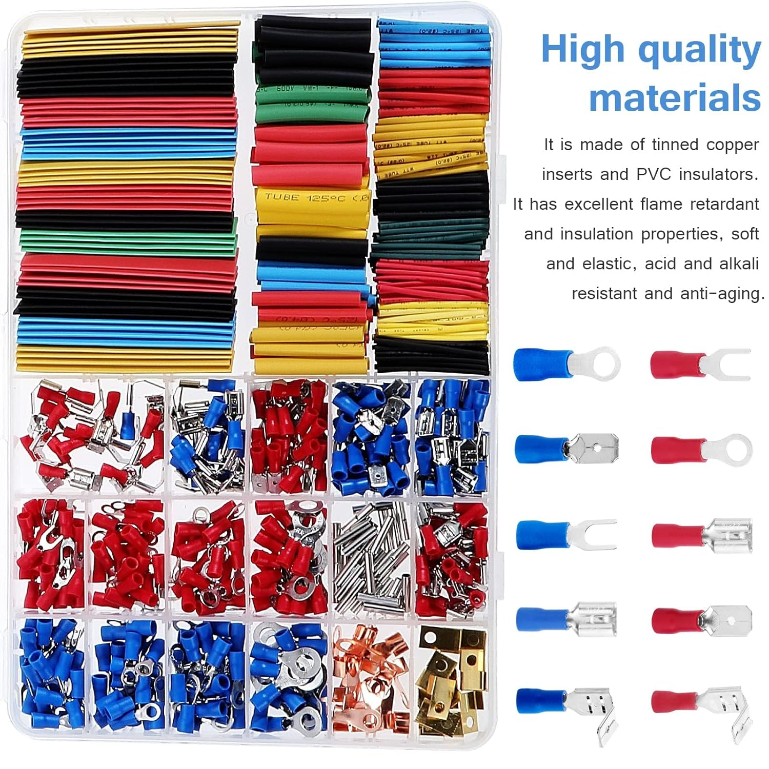 MTJNYZA 678Pcs Crimp Terminals Connectors Electrical Wire Crimping Set Connector Assorted with Heat Shrink Tubing Sleeving Cable Electric Terminals Spade Ring Bullet Butt Fork Copper image number 5