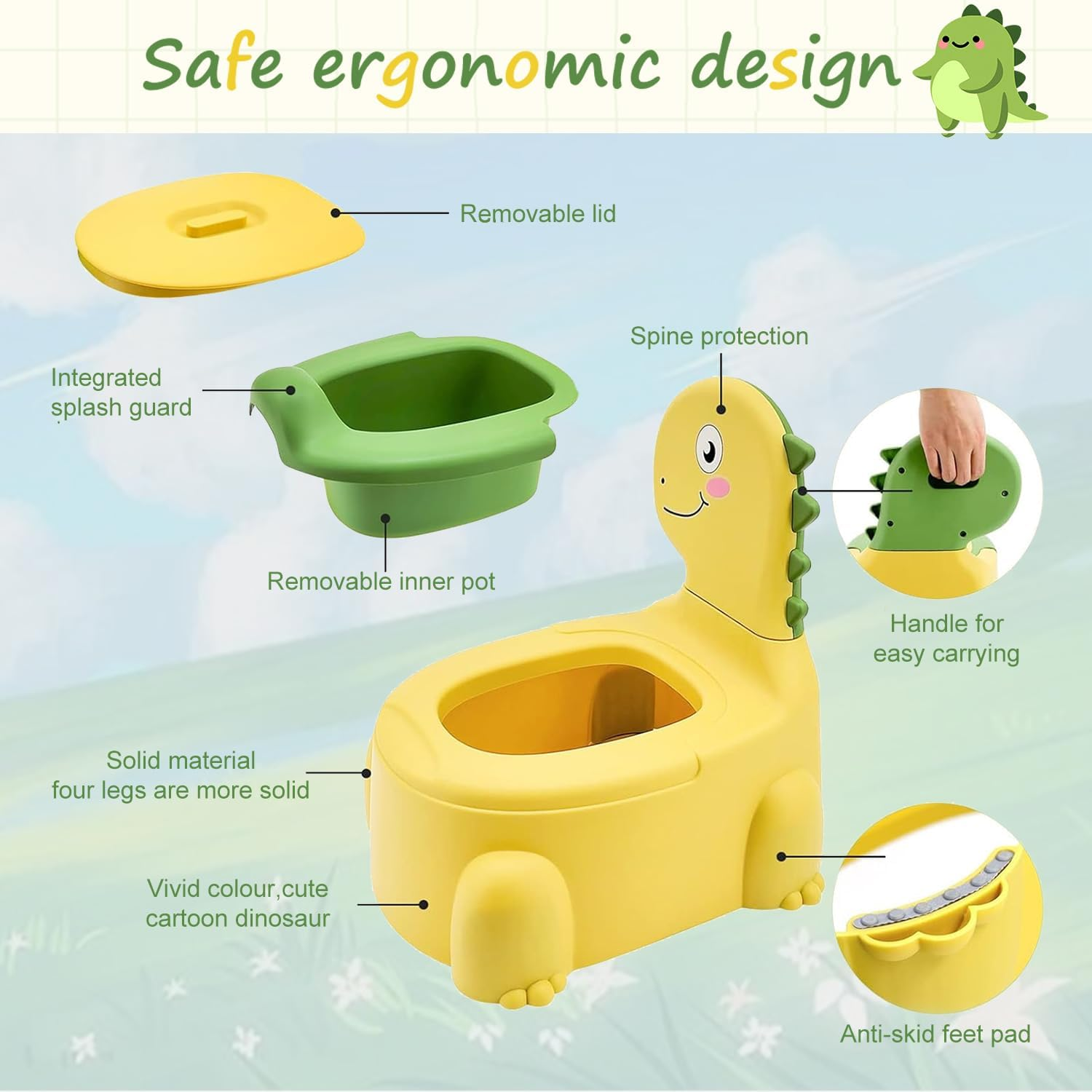 Dinosaur Potty Training Seat for Toddlers with Non-Slip Rubber Base, 110Lbs Capacity, Portable Travel Potty for Boys & Girls, Baby Potty Training Toilet Seat, Toilet Seat for Toddler (Bright Yellow) image number 1