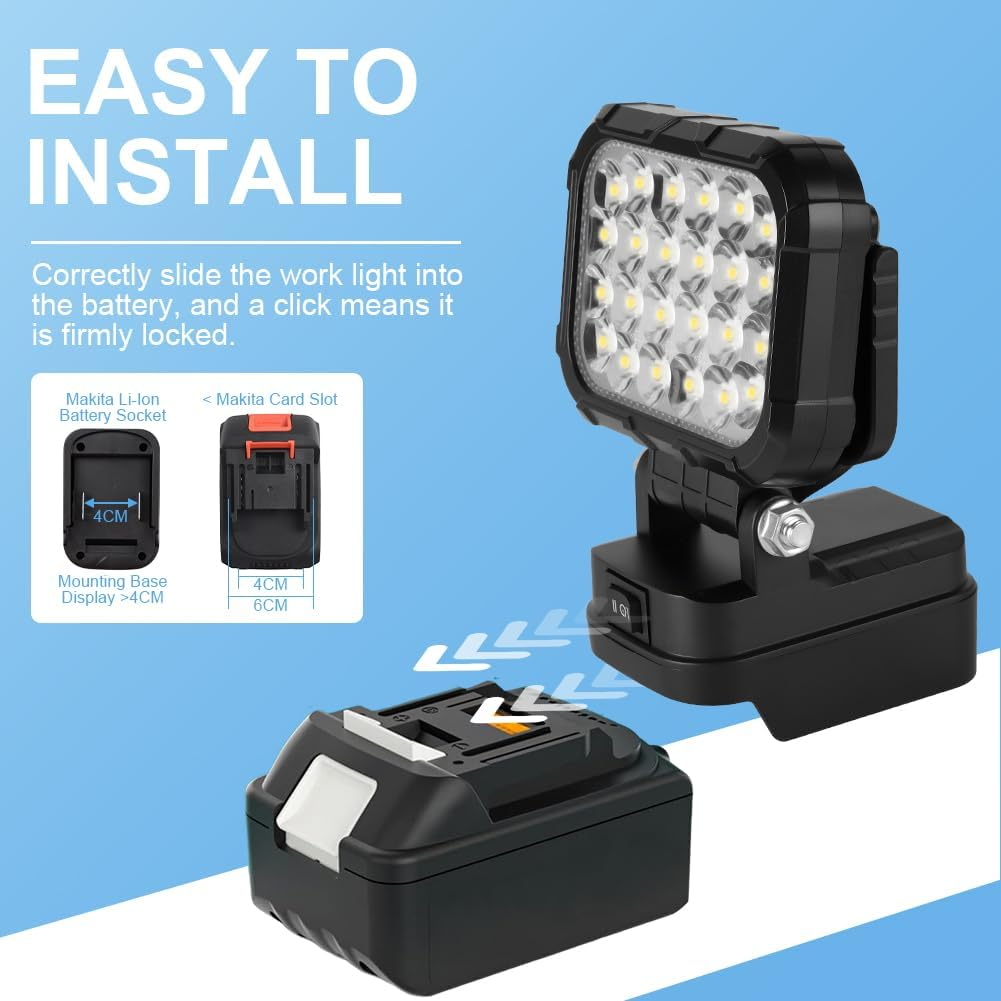 AUAUY Rechargeable Led Light for Makita Battery 18V, 72W Work Light, 5400LM, Wireless Projector with Two USB Charging Ports, for Garage, Building, Repair, Emergency (No Battery)