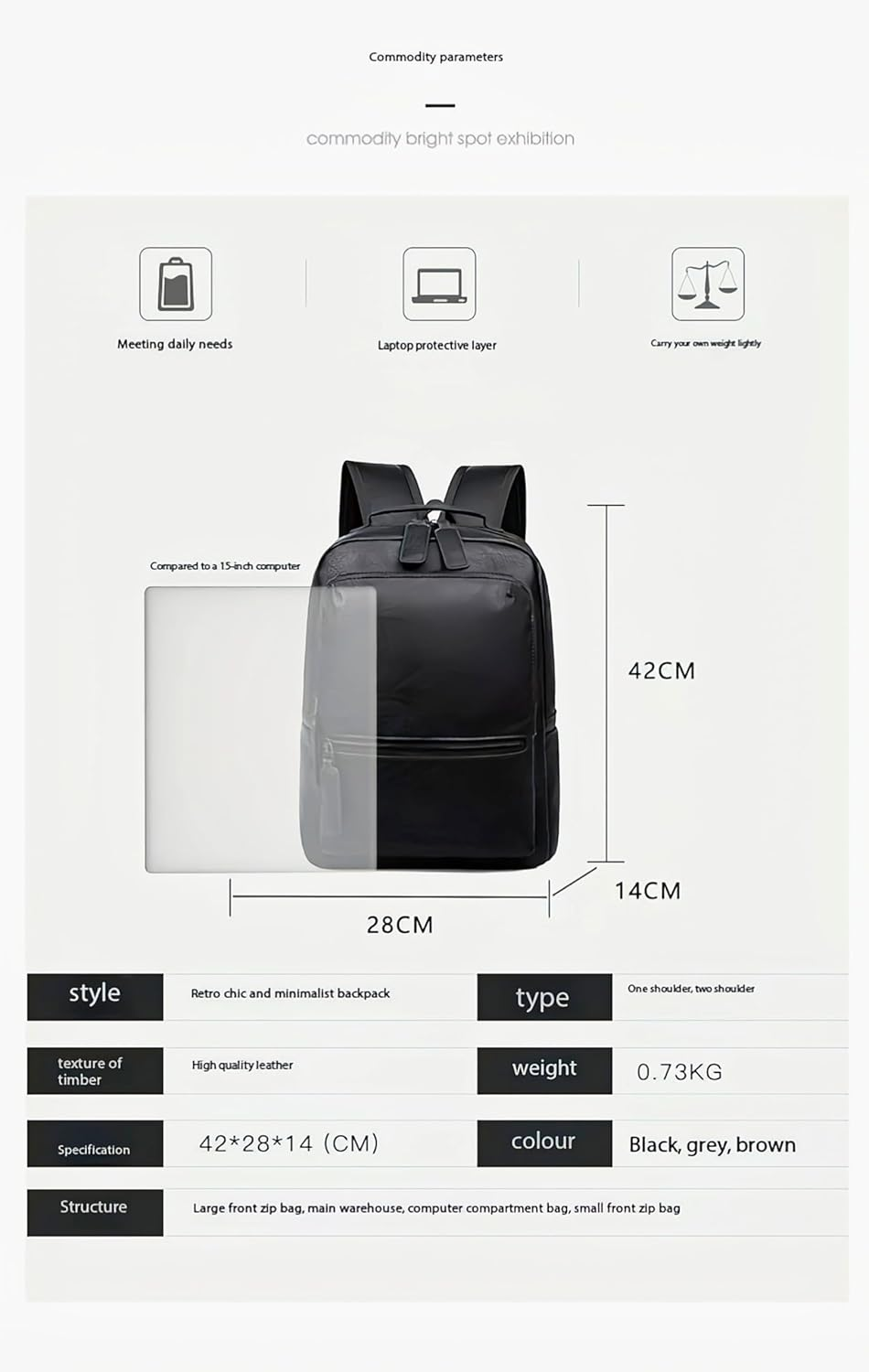 CYLYWJD Unisex PU Leather Laptop Bag Work Business Bag Hiking Backpack Leisure Day Bag University Schoolbag image number 3