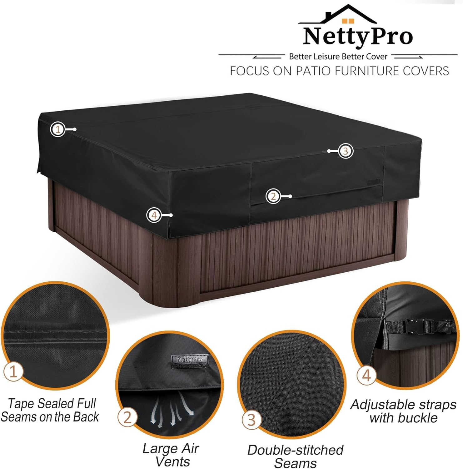 Nettypro Fade Resistant Hot Tub Cover Square 80 X 80 Inch Waterproof Outdoor SPA Cover Protector for Hot Tub, Black image number 5