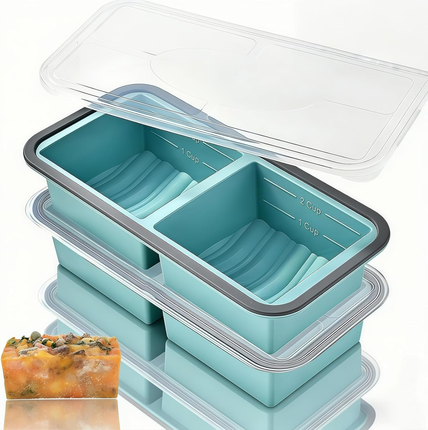 FJNATINH 2Pack Silicone Freezer Tray with Lid, 2 Cup Food-Safe Meal Prep Container for Soup/Lasagna/Casserole, Reusable Leak-Proof Freezer Mold, Oven Safe 415&deg;F (213&deg;C) & Dishwasher Safe image number 6