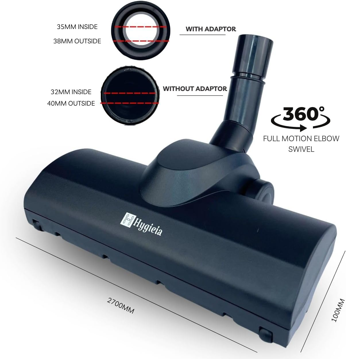 Hygieia Whirlwind Universal Turbo Brush for 32Mm & 35Mm Rod Vacuum Cleaners - Powerful Air Driven Carpet & Hard Floor Attachment - Compatible with Hoover, Miele, Electrolux, LG, and More image number 2
