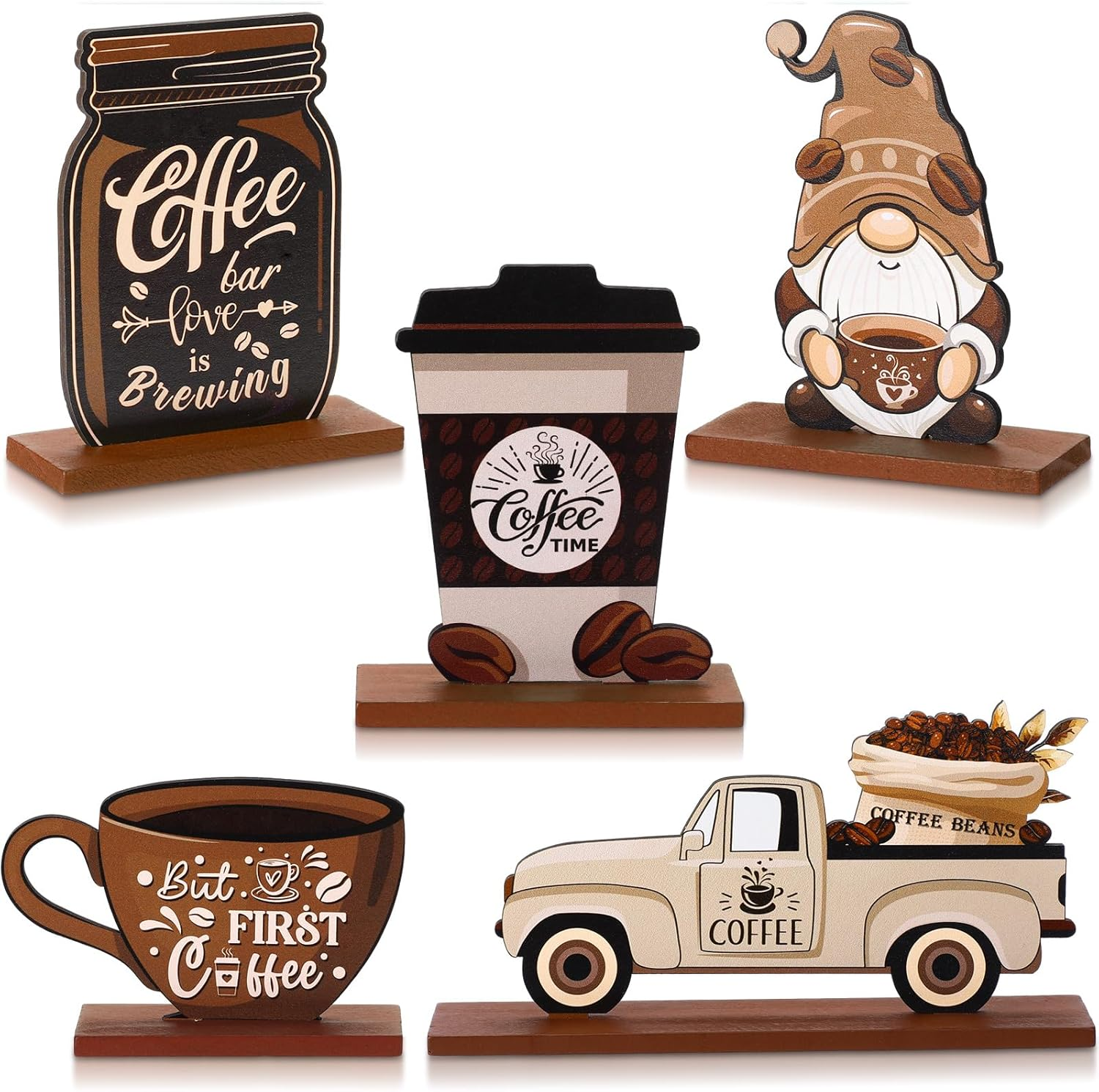 Blulu 5 Pieces Coffee Bar Decor Sign Farmhouse Coffee Bar Wood Signs Rustic Coffee Wooden Table Centerpiece Coffee Tiered Tray Decor Table Signs for Home Kitchen Coffee Station Decorations image number 1