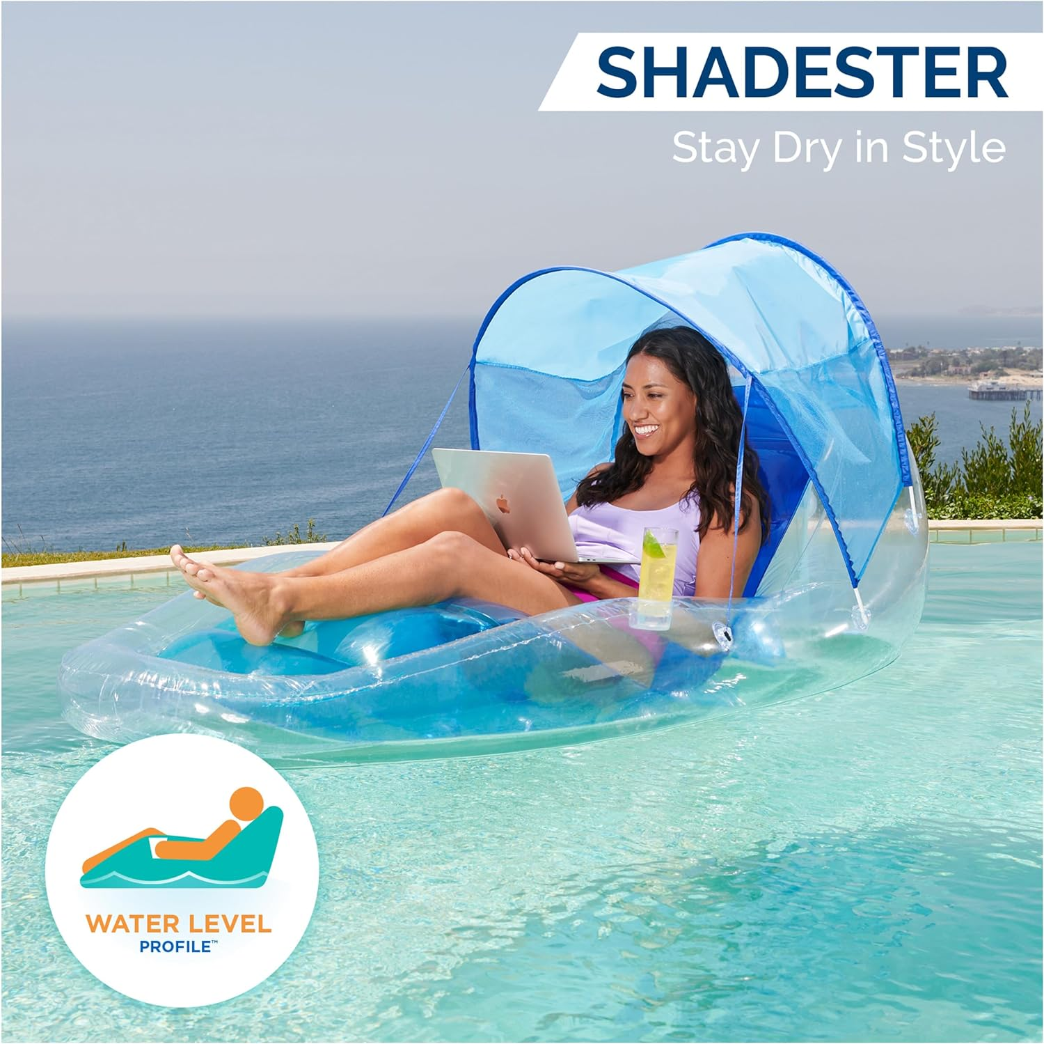 Swimways Dry Float Shadester Pool Float, Translucent Inflatable Recliner Chair for Adults with Fast Inflation, Canopy, Foot Rest and Cup Holder image number 4