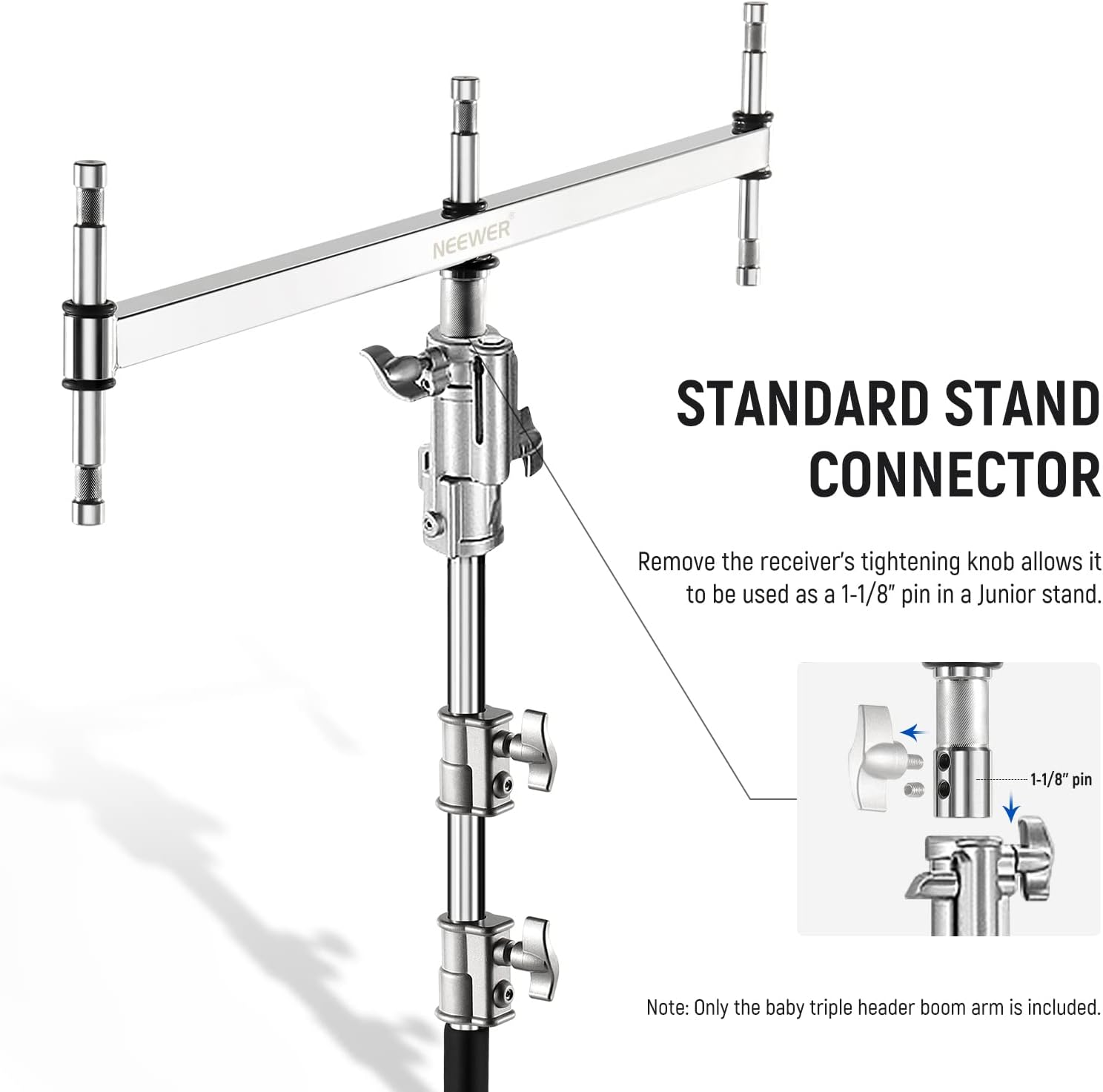 NEEWER Baby Triple Header Boom Arm with Five 5/8" Baby Pins for LED Light/Strobe Flash, One 1-1/8" Pin for C Stand/Light Stand with 16Mm Baby Stud or 28Mm Junior Receiver, Stainless Steel, UA005 image number 1